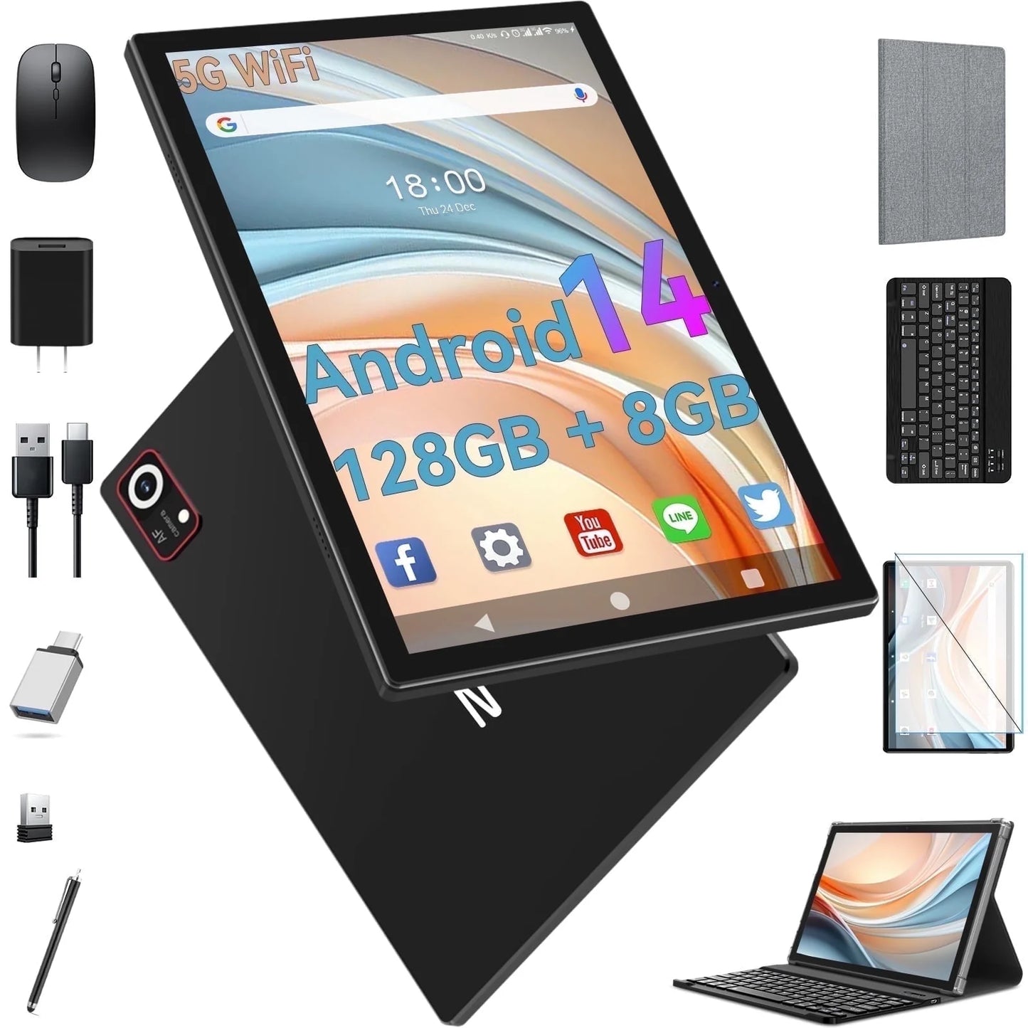 Android 14 Tablet,10 Inch Android Tablet,128Gb+8Gb+1Tb Expand,5G Wifi,Octa-Core,Unisoc T606 Cpu,7000Mah,Bluetooth 5.0,GPS,13MP+8MP Dual Camera,Face Unclock,Hd Display,Touchscreen,Tablet with Keyboard