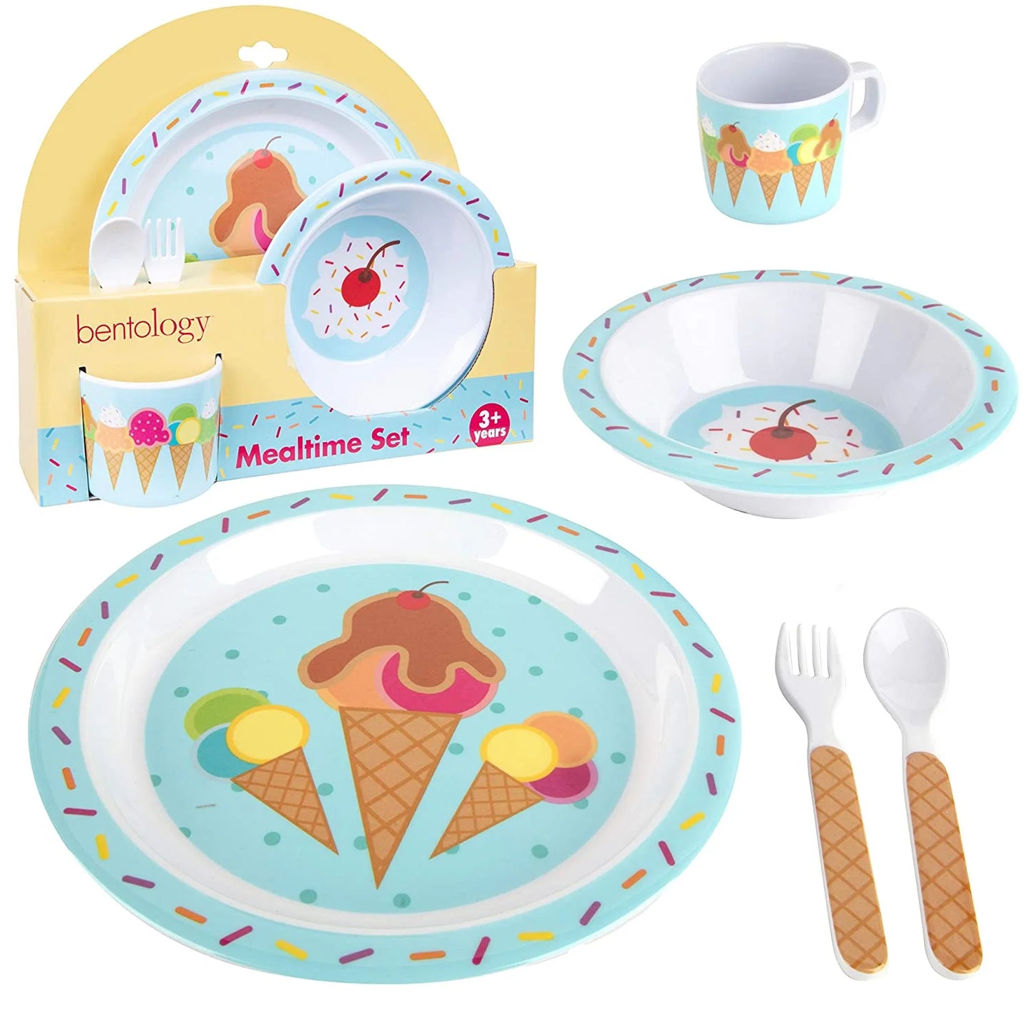 (2 Pack) 5 Pc Mealtime Baby Feeding Set for Kids and Toddlers - Includes Plate, Bowl, Cup, Fork and Spoon Utensil Flatware - Durable, Dishwasher Safe, BPA Free - Ice Cream