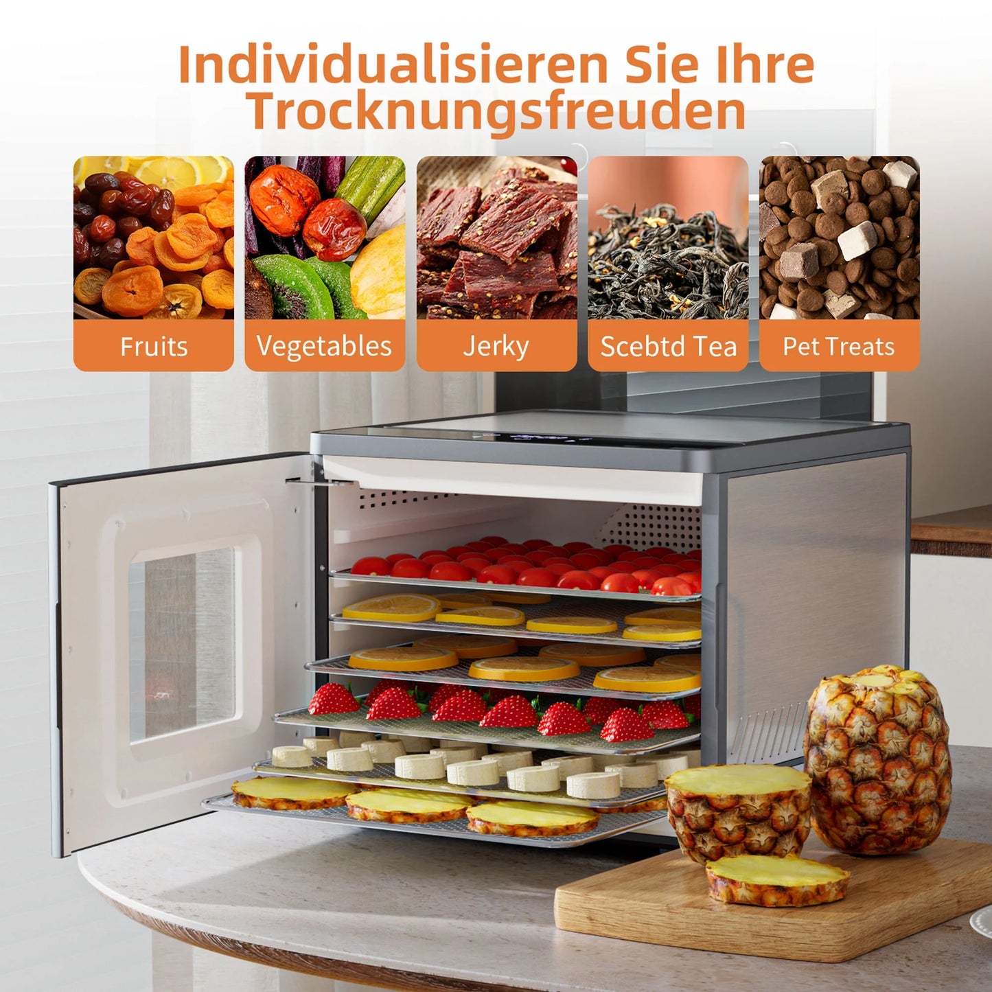 Food Dehydrator Machine with 6 Stainless Steel Trays, Best Timer Temperature Control Machine at Home for Jerky, Herbs, Dog Treats, Meat, Fruit, Dark Gray