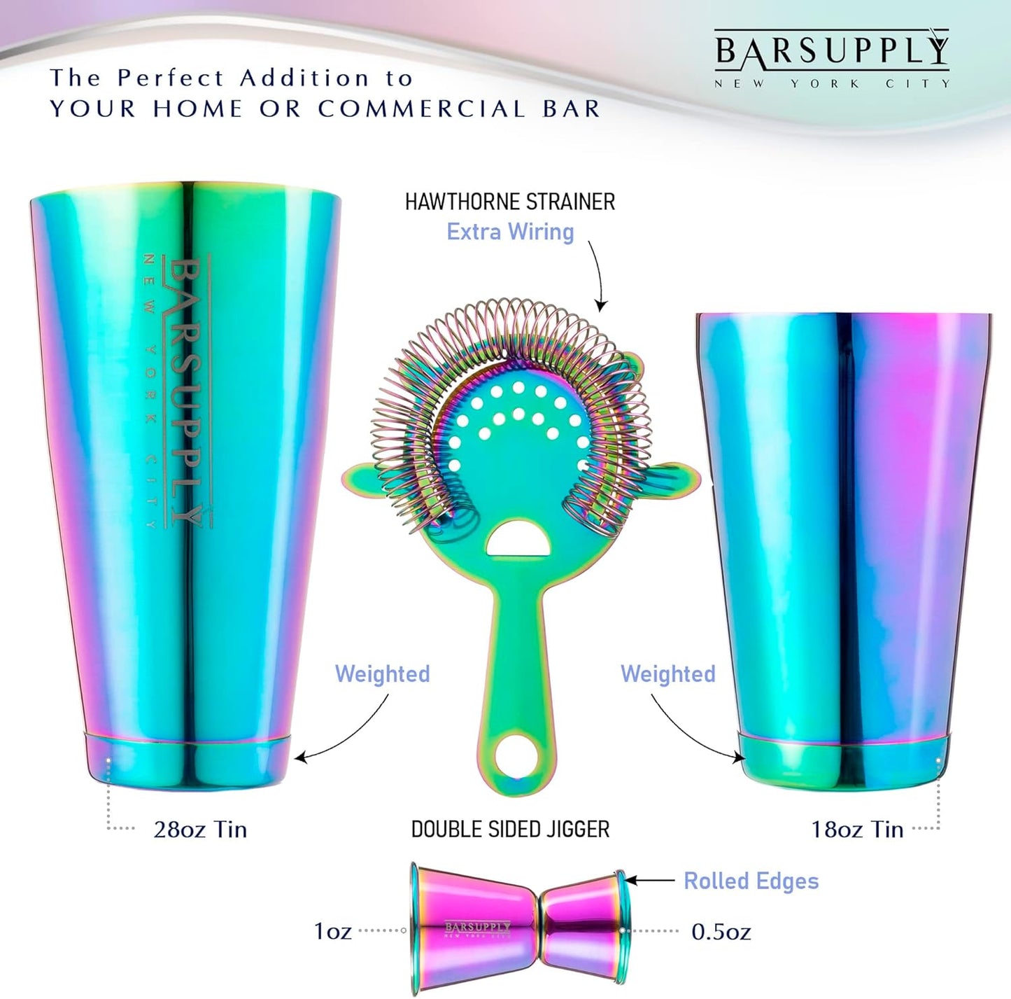 Professional Boston Cocktail Shaker Set | 4-Piece Bar Set | Stainless Steel 304 | 28Oz/18Oz Weighted Shaker Tins | Hawthorne Strainer | Double Sided Jigger | Recipe Booklet | Bartender Kit