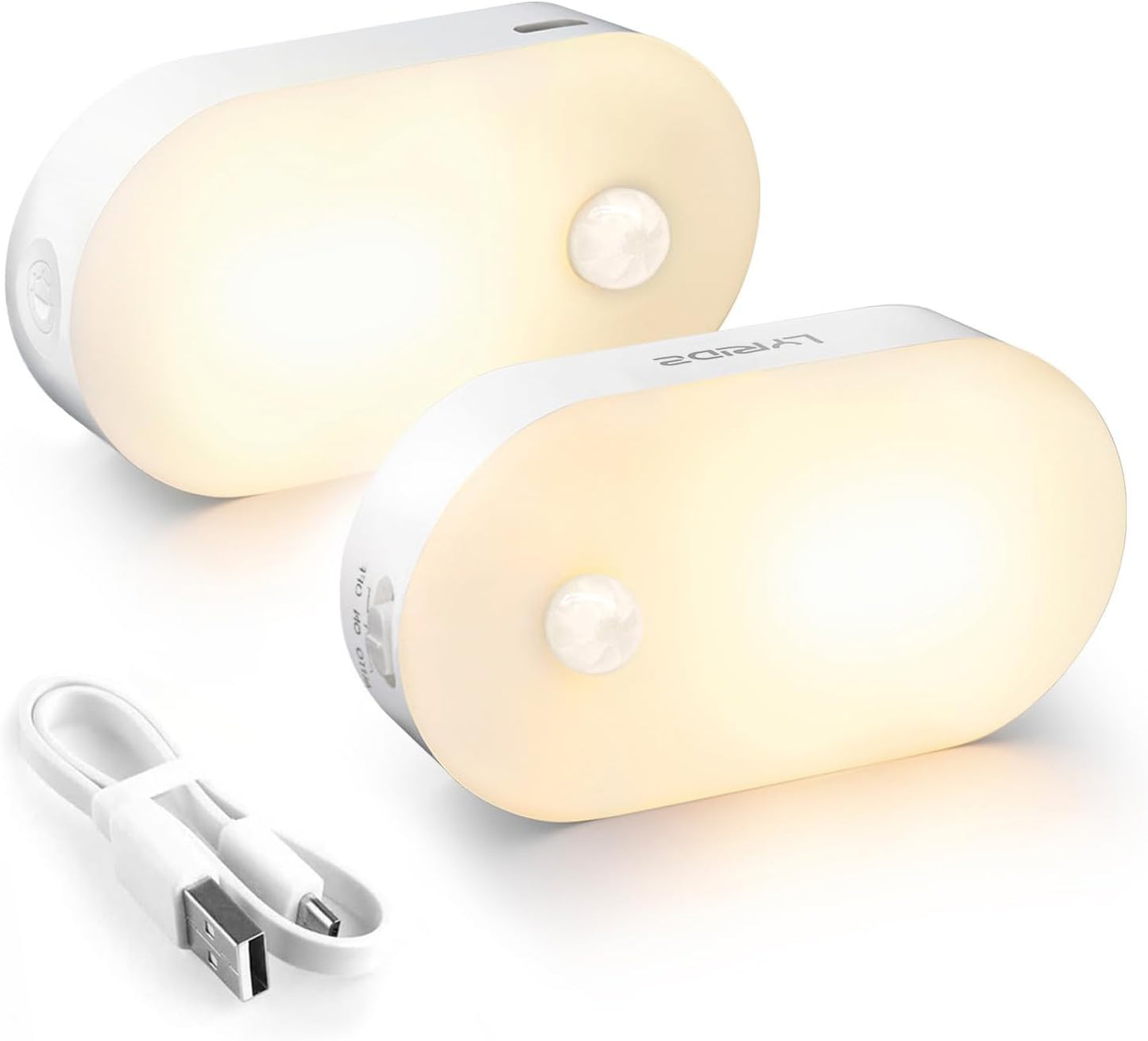 Rechargeable Battery Night Light with Motion Sensor, Portable Mini Warm White LED Stick-On Closet Light, Adjustable Brightness for Bathroom, Bedroom, Kitchen, Cabinet, Stairs, Hallway, 2-Pack