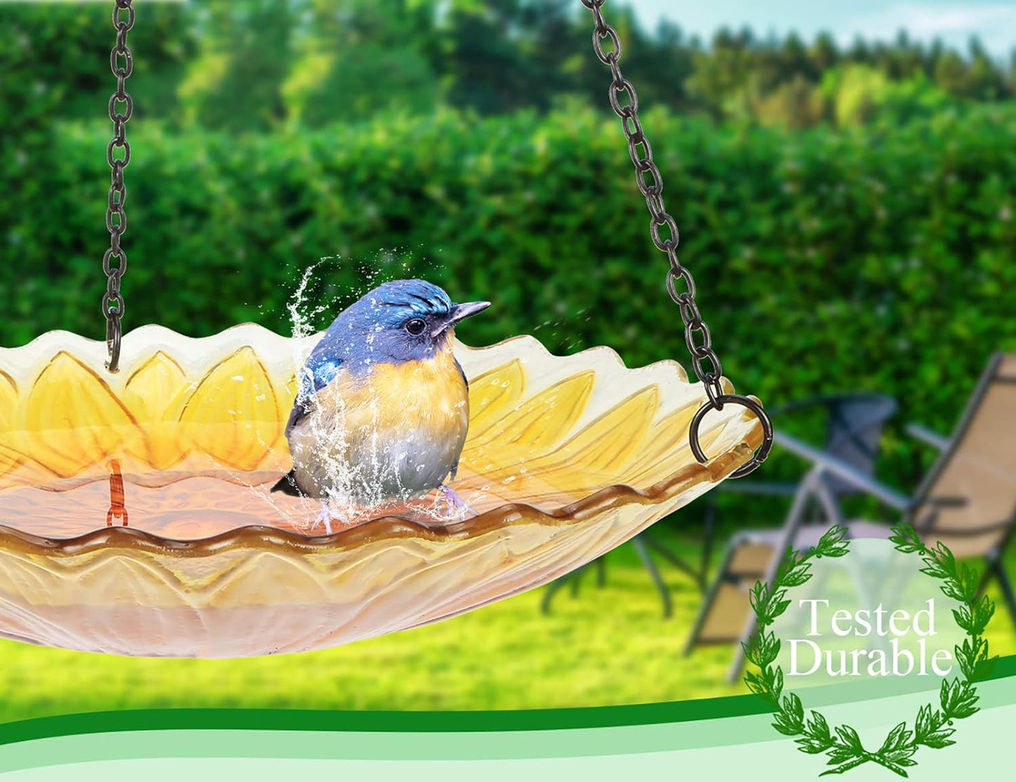 Sunflower 11-Inch Hanging Glass Bird Bath & Feeder for Garden Decoration (Hummingbird)