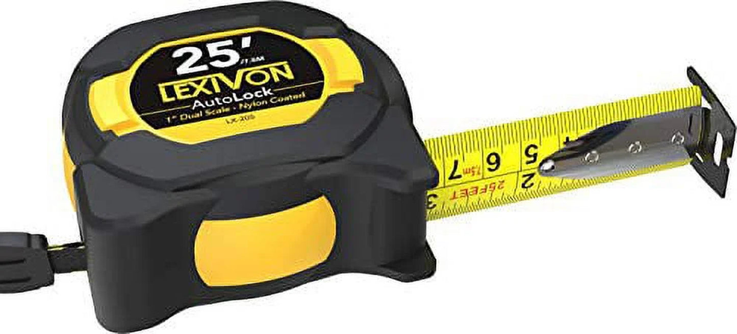 25Ft/7.5M Autolock Tape Measure | 1-Inch Wide Blade with Nylon Coating, Matte Finish White & Yellow Dual Sided Rule Print | Ft/Inch/Fractions/Metric (LX-205)