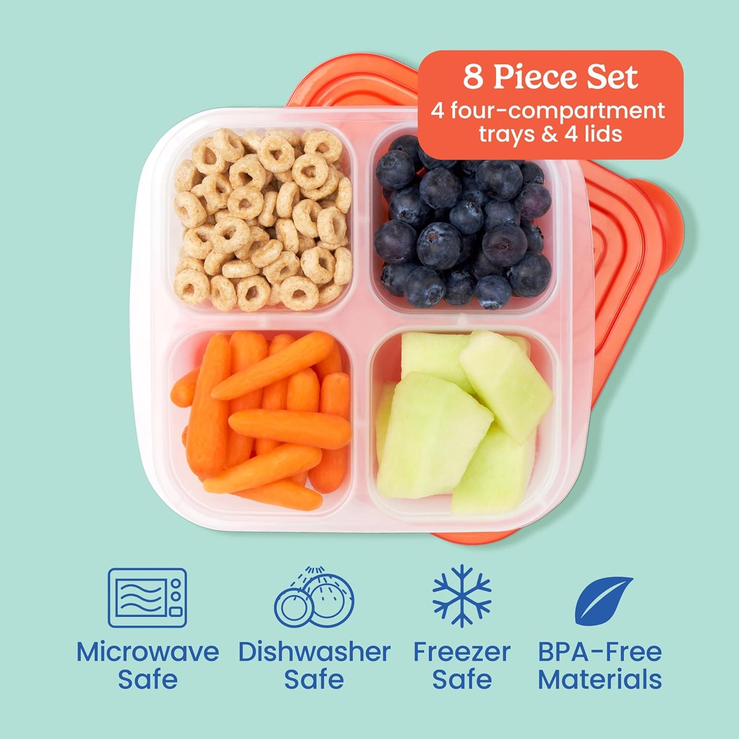 Easyboxes 4-Compartment Snack Containers - 8-Piece Set with 4 Trays & 4 Custom-Fit Lids to Seal in Freshness - Reusable Food Storage & Meal Prep Bento Bpa-Free Containers (Classic)