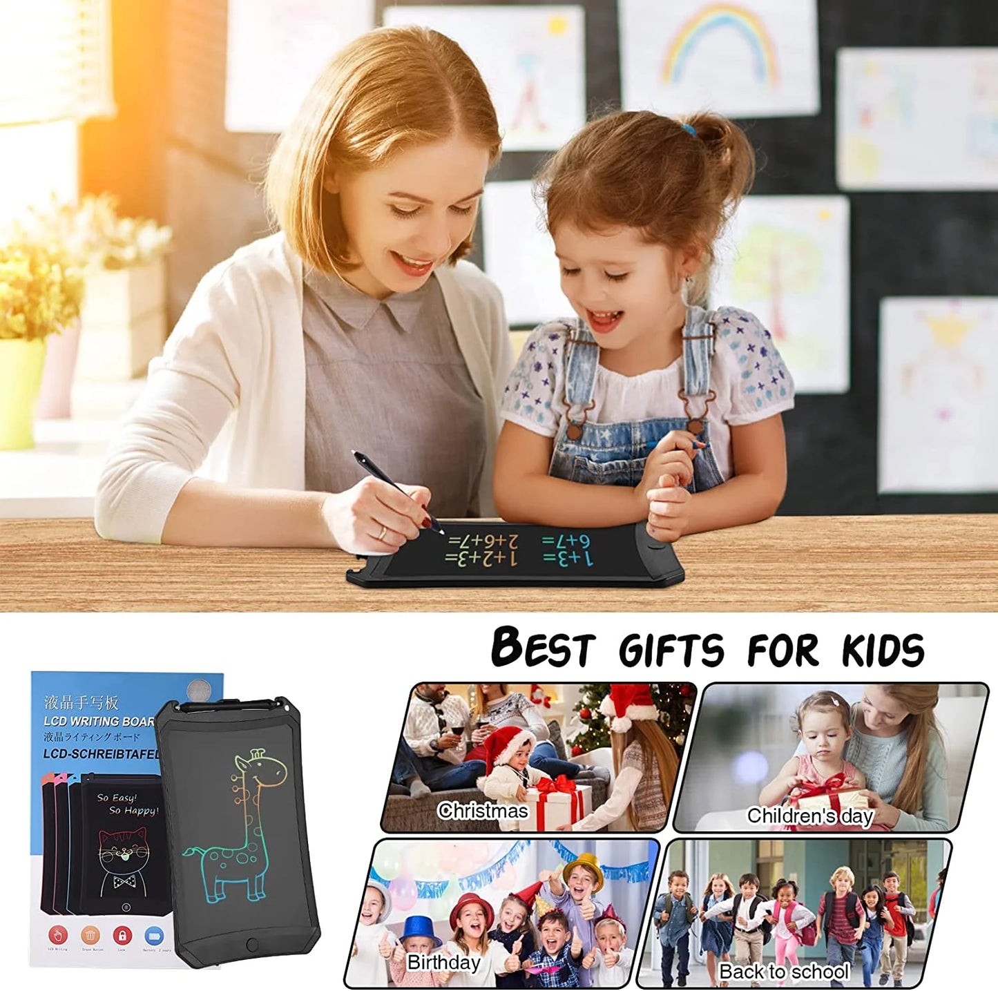 LCD Writing Tablet, 8.5 Inch Reusable Drawing Pad for Kids, Colourful Screen Drawing Tablet Doodle Board W/ Stylus Pen, Toy for 3 4 5 6 7 8 Years Old Kids, Gifts for Kids and Adults, Black