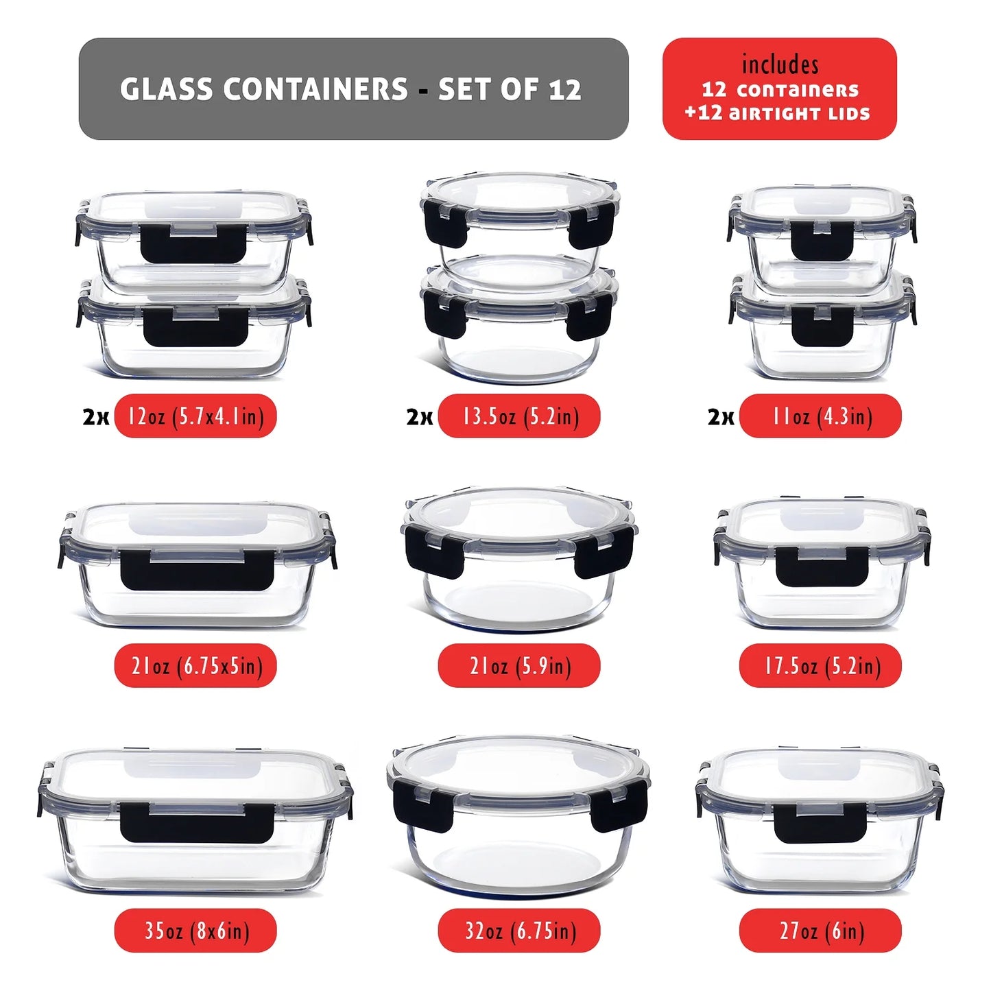 24Pc Glass Food Storage Containers with Lids, Airtight Glass Meal Prep Containers, Oven, Microwave & Freezer Safe Glass Storage Containers