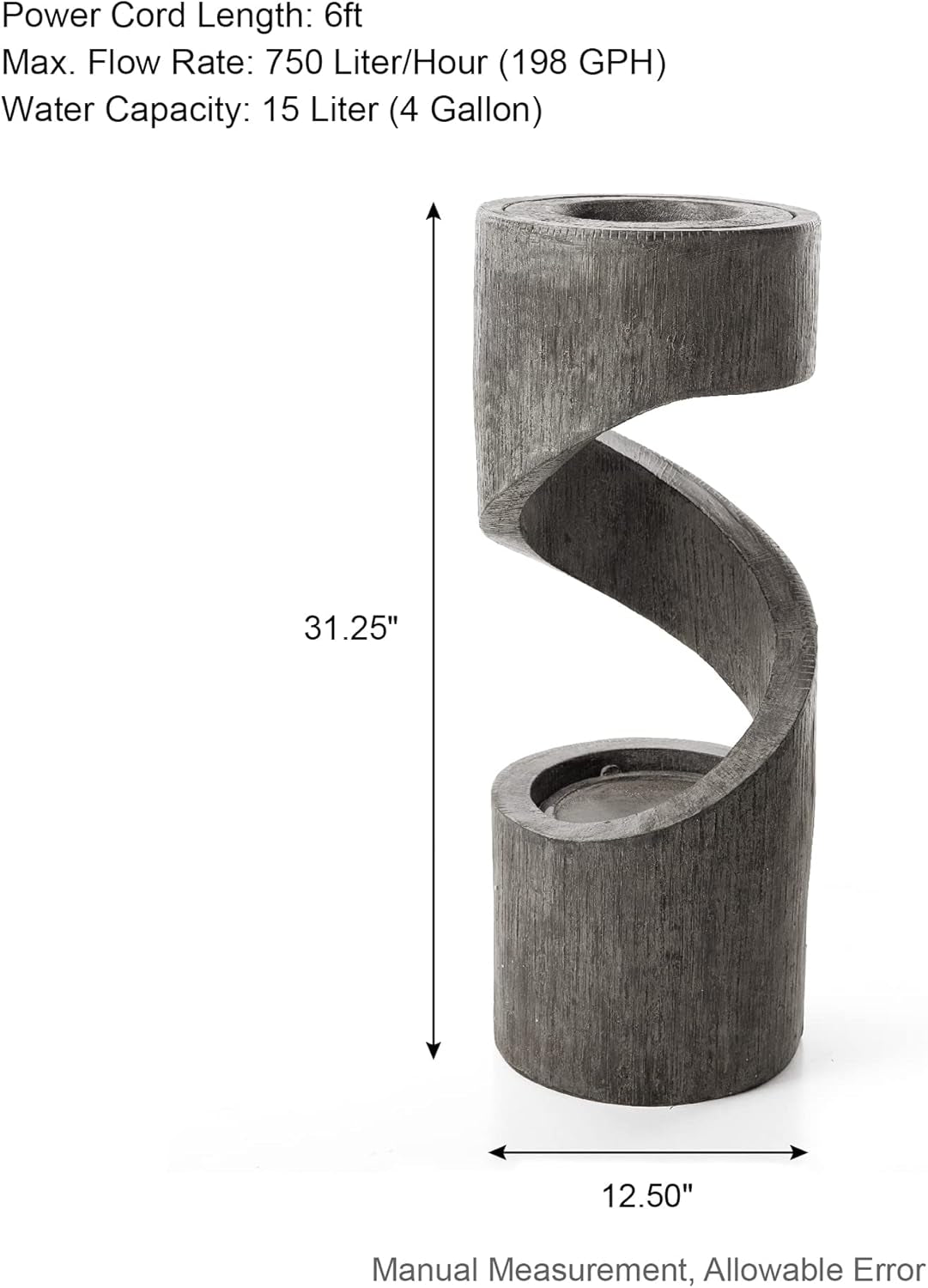 Tiered Outdoor Water Fountain with LED Light, Curved Outdoor Fountain Waterfall with Stone Planter, Freestanding Spiral Outdoor Garden Water Fountains, 31.3”H
