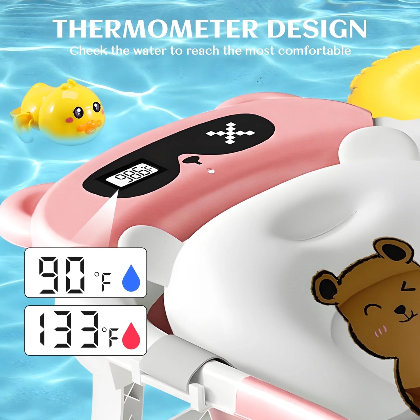 Collapsible Baby Bathtub for Newborn to Toddler 0-36 Months with Thermometer, Hooded Towel, Soft Cushion and Bath Toys, Portable Travel Baby Tub with Drain Hole, Pink