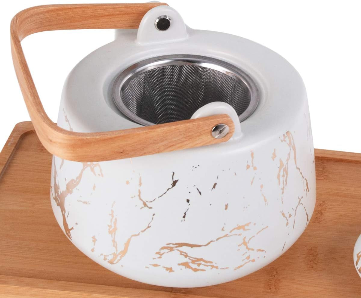 Modern Style Marble Design Porcelain Tea Set 42 Fl Oz Teapot with Handle and 4 Tea Cups on Wooden Tray Contemporary Tabletop Decor (White)
