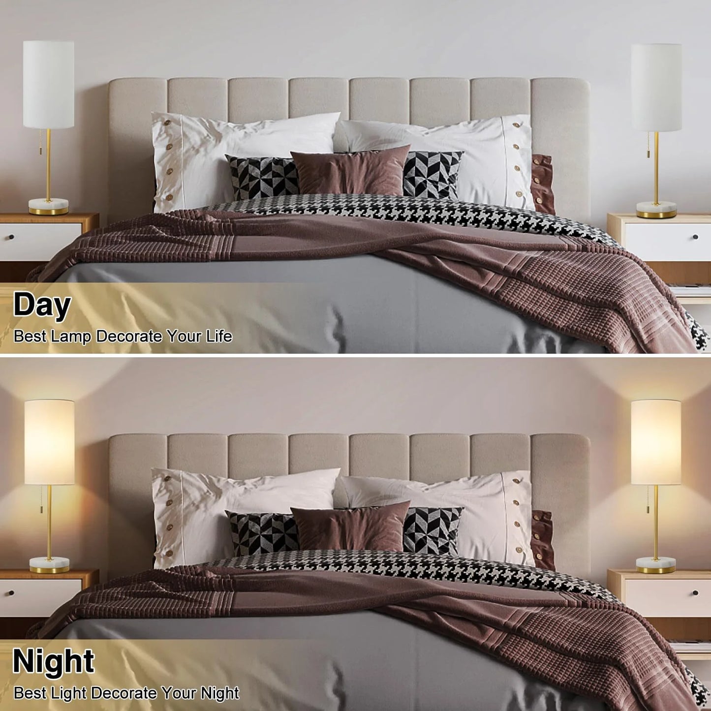 Minimalist Table Lamp Set of 2, Nightstand Lamp for Bedroom Living Room, Modern Pull Chain Bedside Lamp with Marble Base, Fabric Shade, Small Desk Lamp for Home, Office, Reading