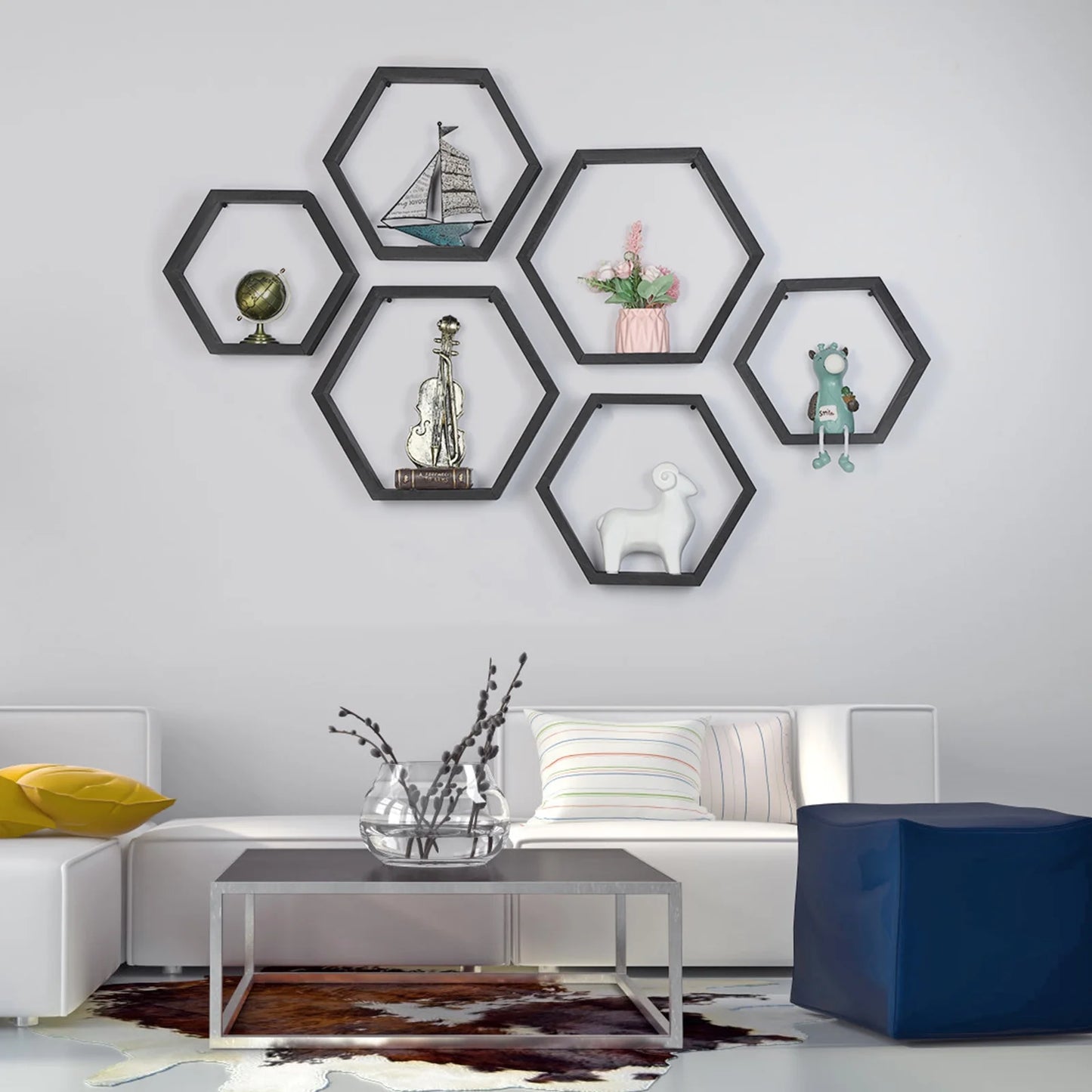 Black Hexagon Floating Shelves, Set of 6