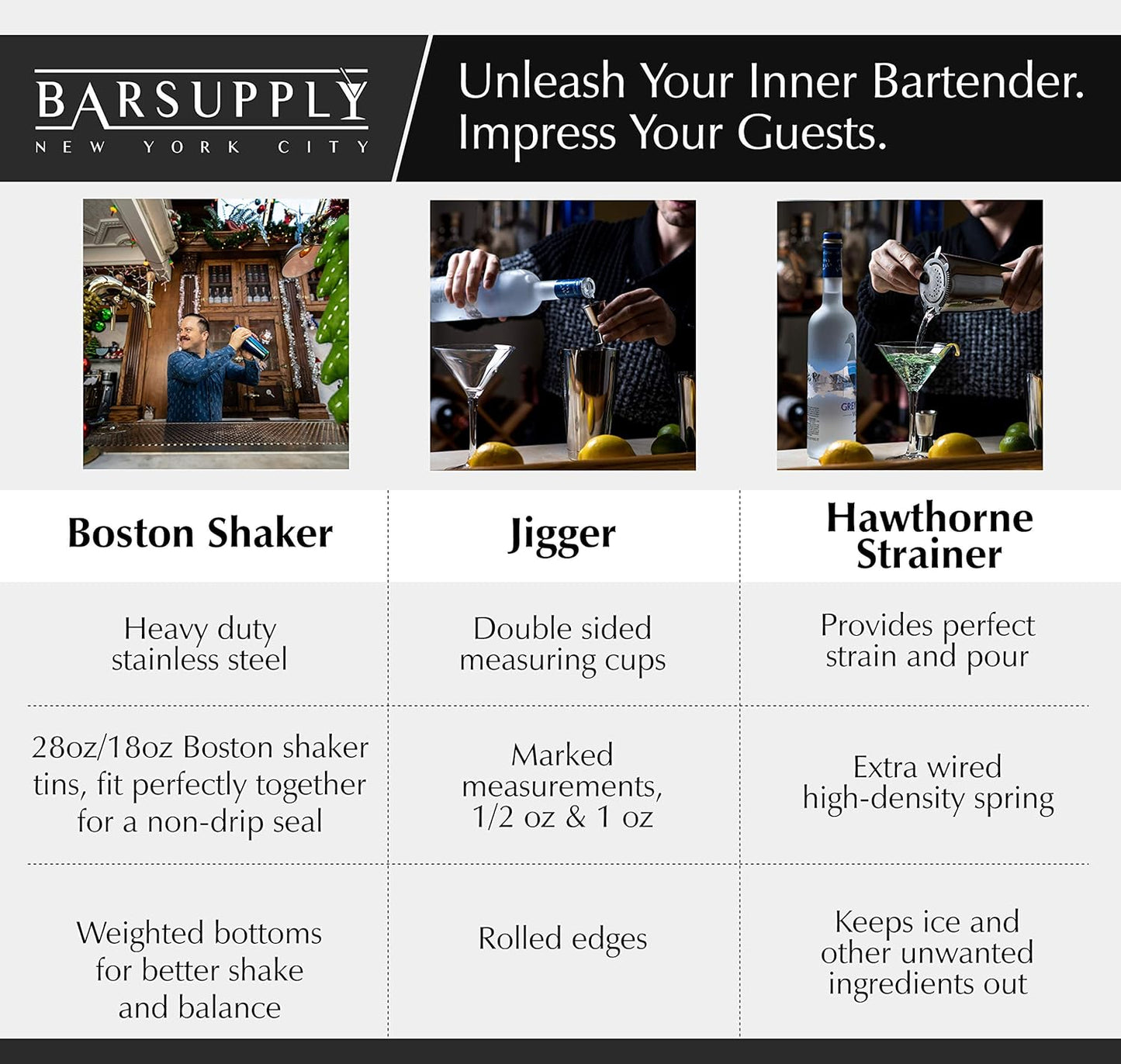 Professional Boston Cocktail Shaker Set | 4-Piece Bar Set | Stainless Steel 304 | 28Oz/18Oz Weighted Shaker Tins | Hawthorne Strainer | Double Sided Jigger | Recipe Booklet | Bartender Kit