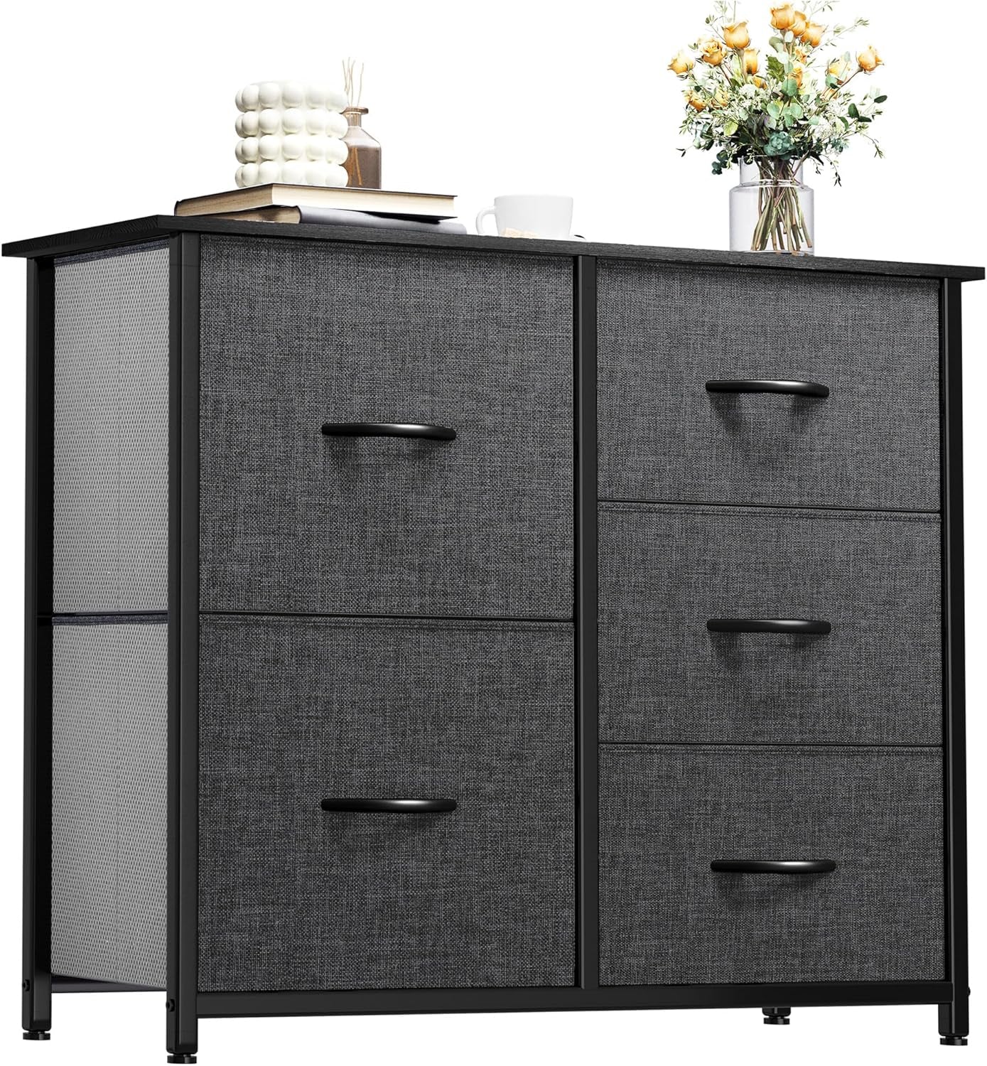 Dresser for Bedroom with 5 Drawers, Wide Bedroom Fabric Dresser with Storage Bins, Clothes Cabinet for Bedroom, Living Room, Hallway, Black Grey