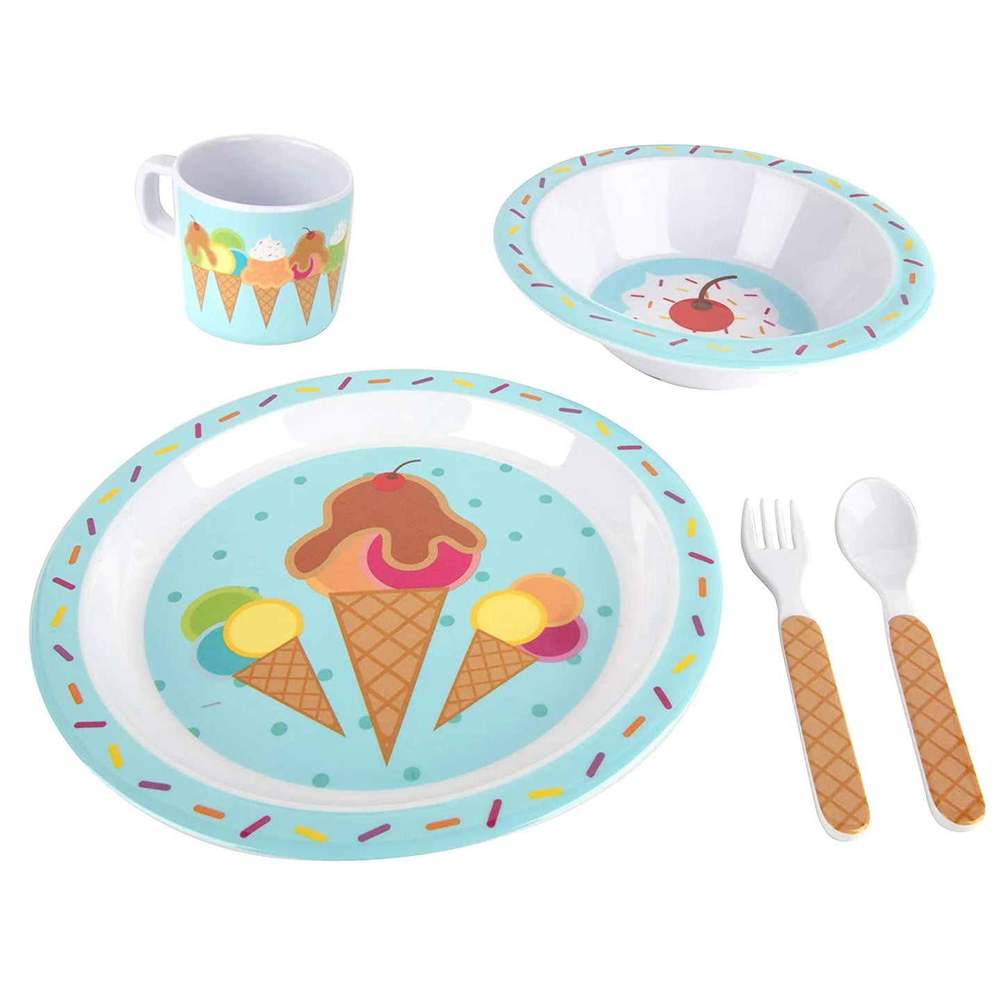 (2 Pack) 5 Pc Mealtime Baby Feeding Set for Kids and Toddlers - Includes Plate, Bowl, Cup, Fork and Spoon Utensil Flatware - Durable, Dishwasher Safe, BPA Free - Ice Cream