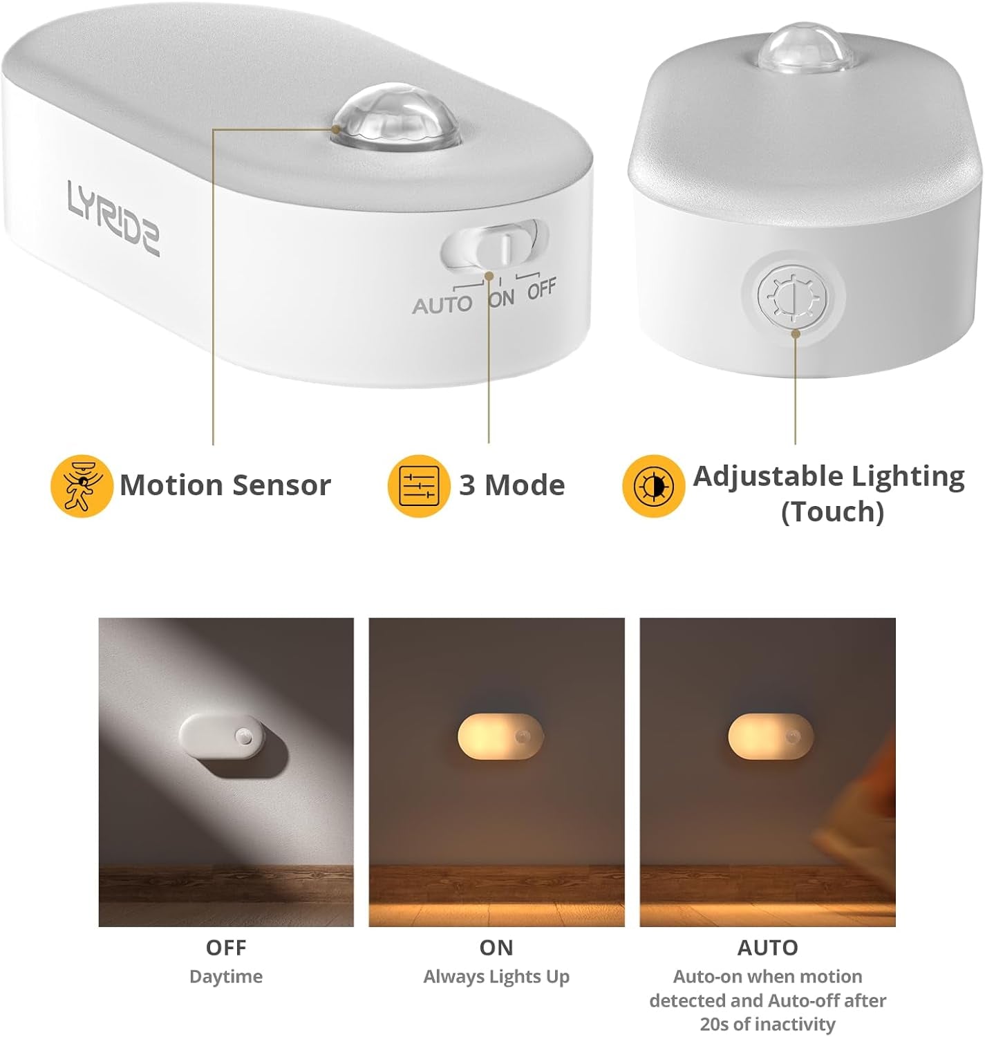 Rechargeable Battery Night Light with Motion Sensor, Portable Mini Warm White LED Stick-On Closet Light, Adjustable Brightness for Bathroom, Bedroom, Kitchen, Cabinet, Stairs, Hallway, 2-Pack