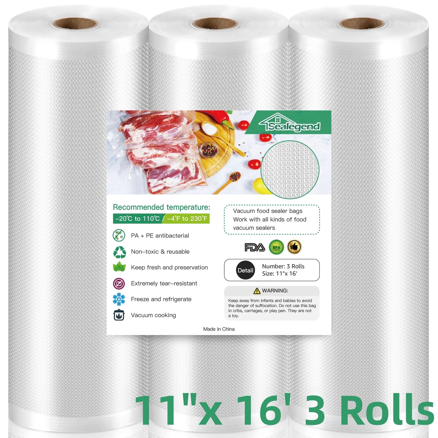 Vacuum Sealer Bags for Food Saver,11"X 16' 3 Rolls,Food Saver Bags,Vacuum Seal Bags for Food, Food Saver Bags for Sealer