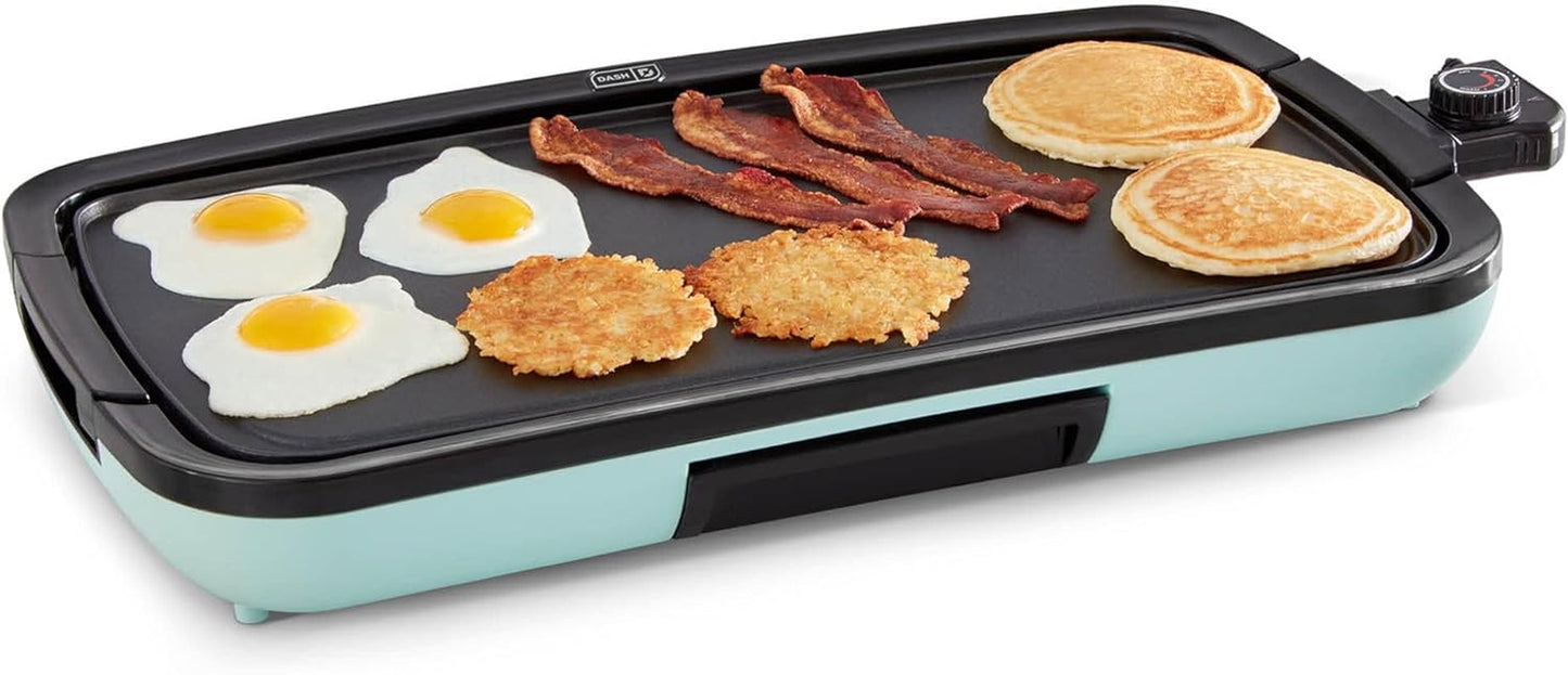 Deluxe Everyday Electric Griddle with Dishwasher Safe Removable Nonstick Cooking Plate for Pancakes, Burgers, Eggs and More, Includes Drip Tray + Recipe Book, 20β X 10.5β, 1500-Watt - Aqua