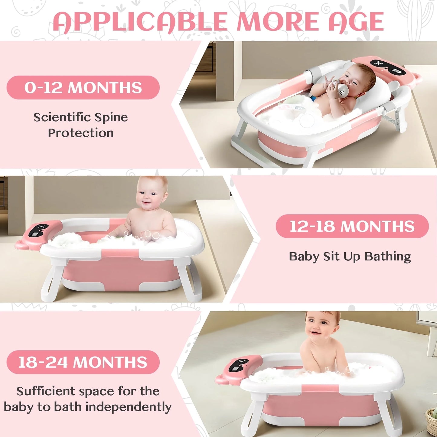 Collapsible Baby Bathtub for Newborn to Toddler 0-36 Months with Thermometer, Hooded Towel, Soft Cushion and Bath Toys, Portable Travel Baby Tub with Drain Hole, Pink