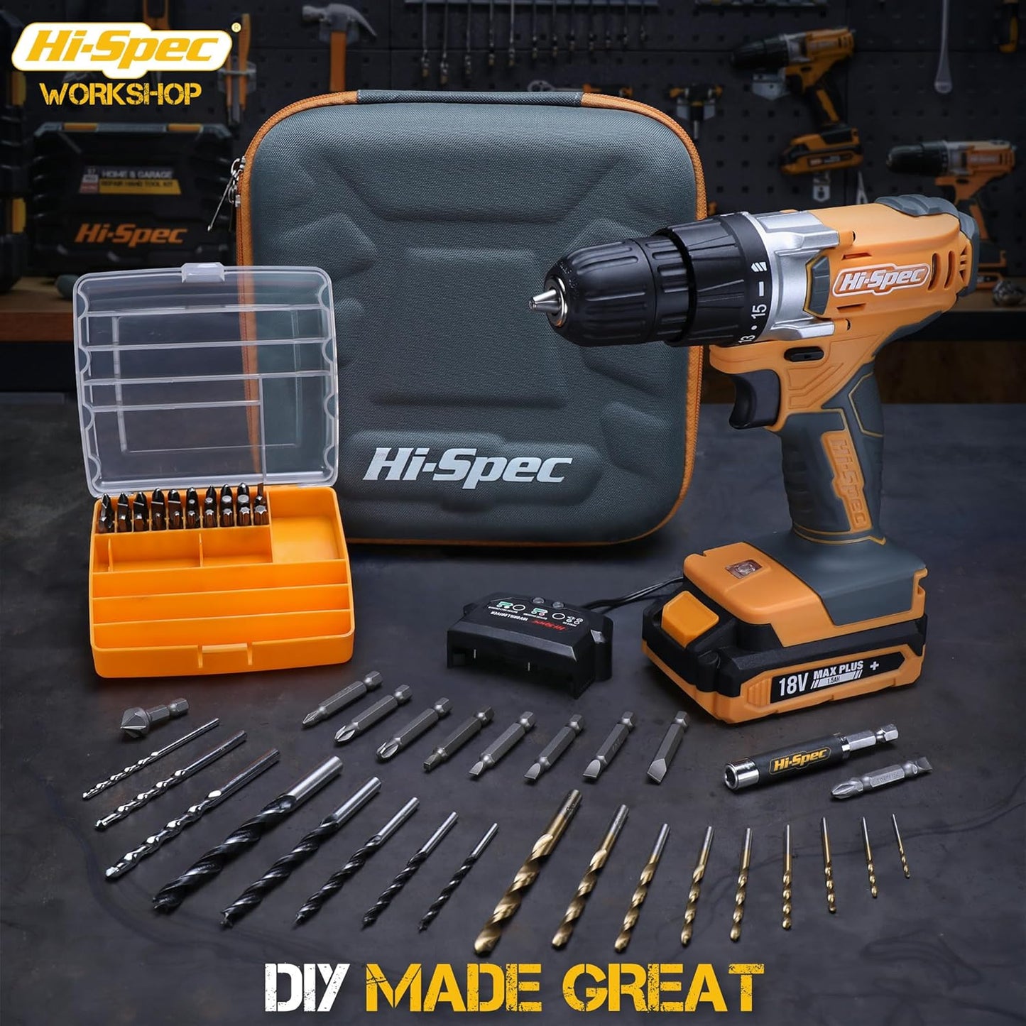 58Pc 18V Electric Cordless Power Drill Driver. Includes Rechargeable Battery, Power Screwdriver Bits, Wood, Metal, and Masonry Drill Bit Set Accessories. in a Compact Case