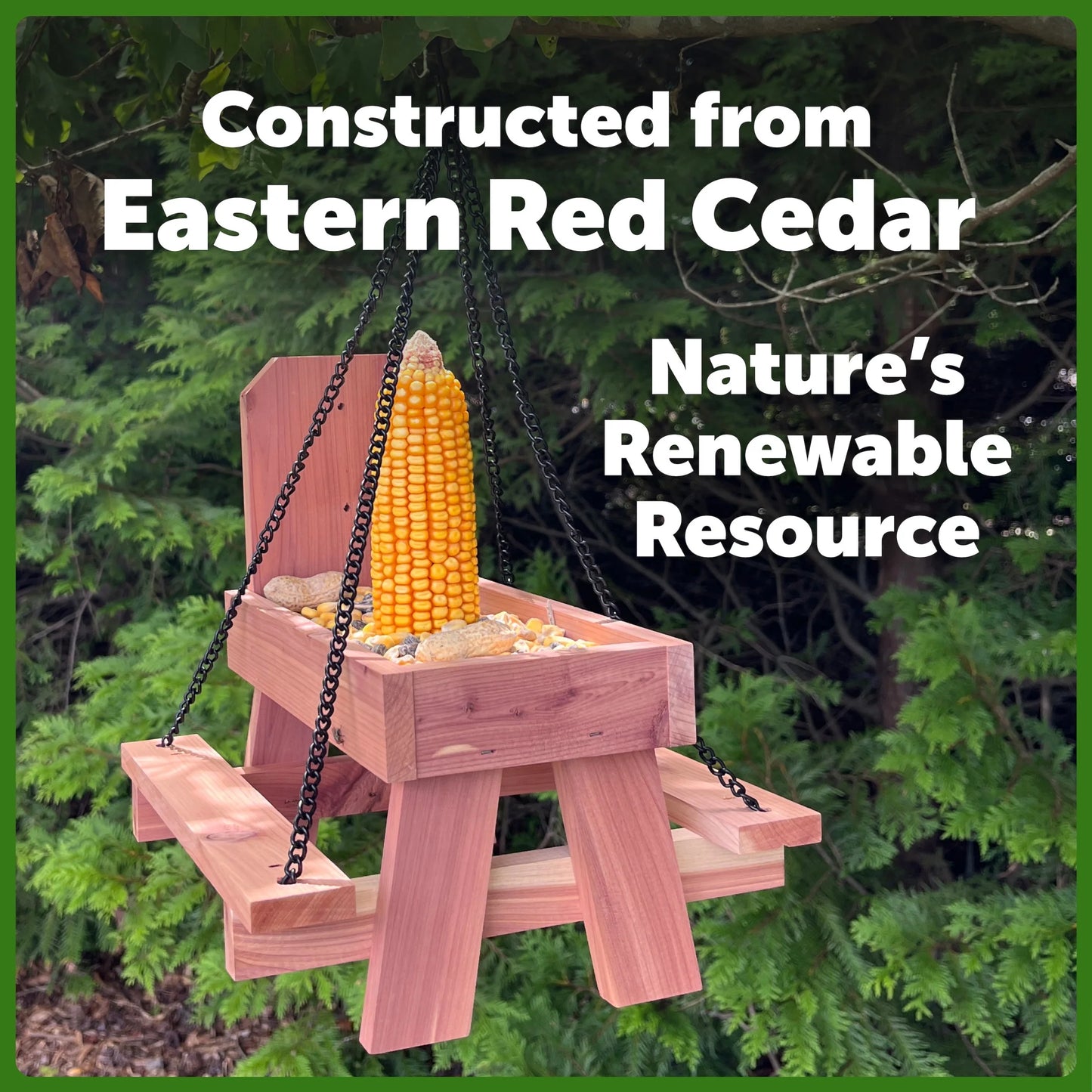 Red Cedar Picnic Table Squirrel Feeder, Holds Corn, Nuts and Seeds, 1 Table, 9"X10"X9"
