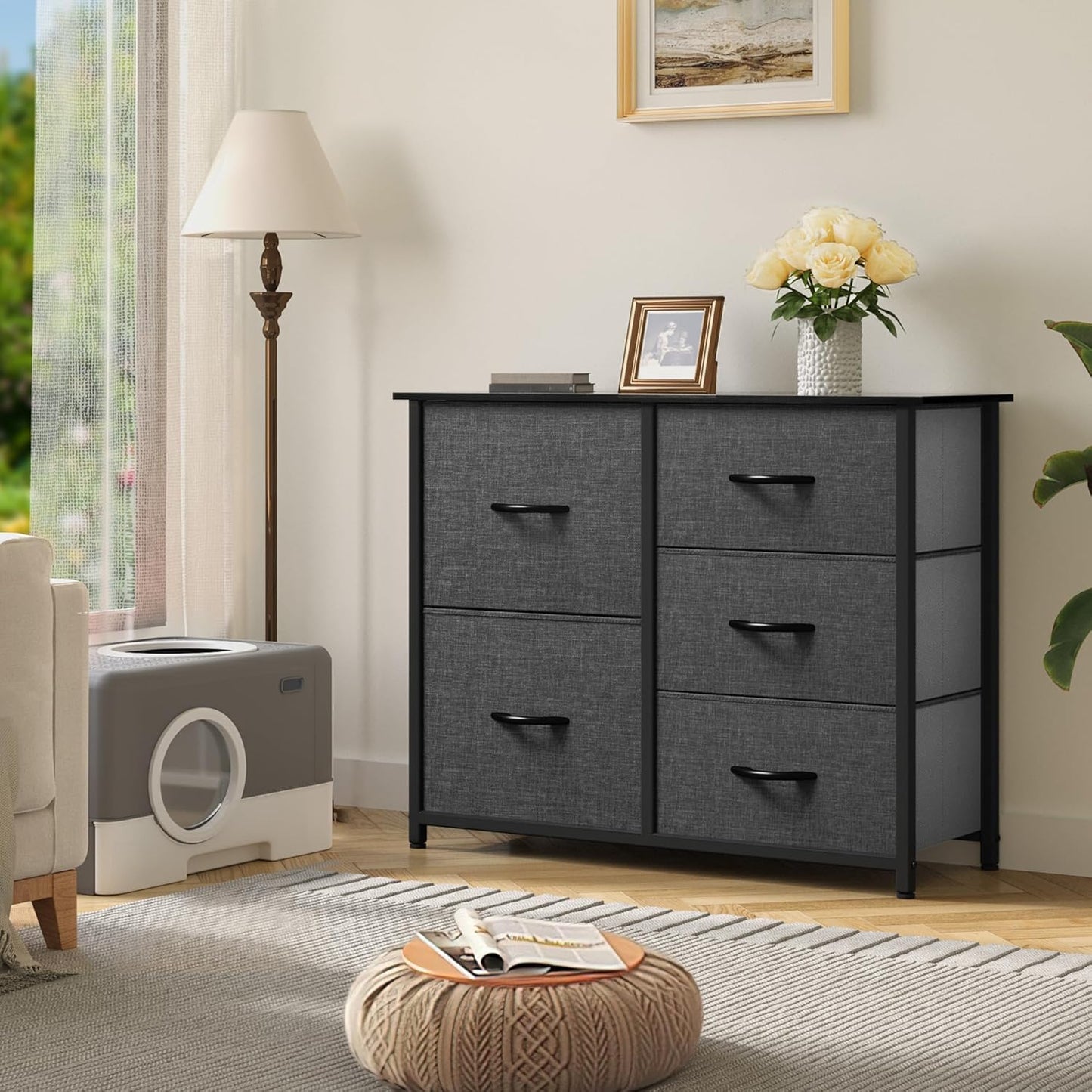 Dresser for Bedroom with 5 Drawers, Wide Bedroom Fabric Dresser with Storage Bins, Clothes Cabinet for Bedroom, Living Room, Hallway, Black Grey