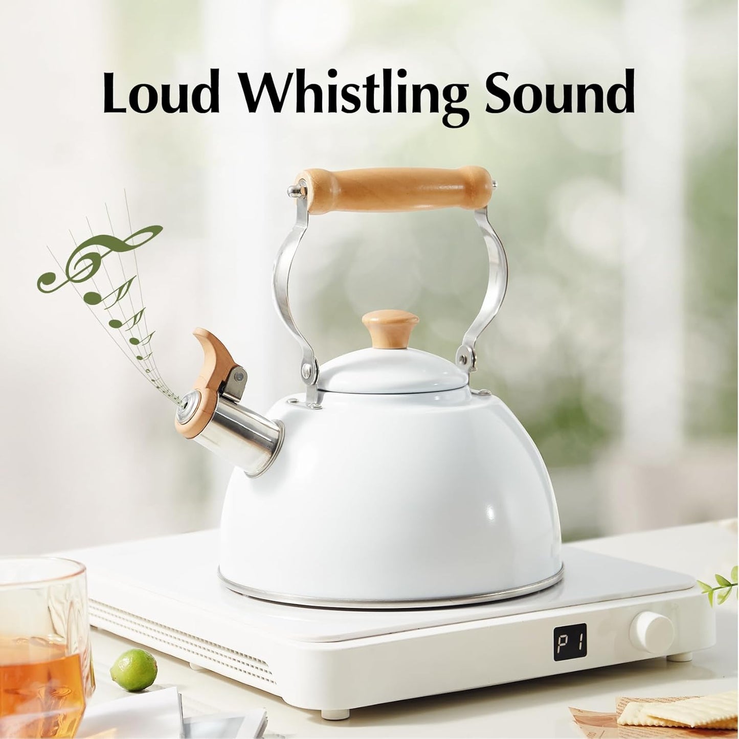 Tea Kettle, Tea Pot with Cool Touch Ergonomic Handle, Teapot Food Grade Stainless Steel, Tea Kettle Stovetop, Kettle Teapot, Whistling Tea Kettle, Small Tea Kettle, 1.6 Quart (White)