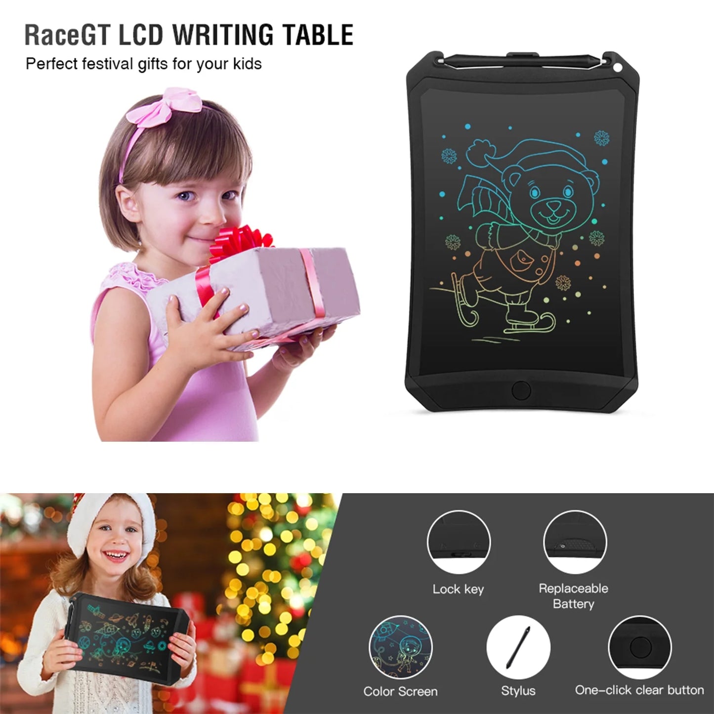 LCD Writing Tablet, 8.5 Inch Reusable Drawing Pad for Kids, Colourful Screen Drawing Tablet Doodle Board W/ Stylus Pen, Toy for 3 4 5 6 7 8 Years Old Kids, Gifts for Kids and Adults, Black