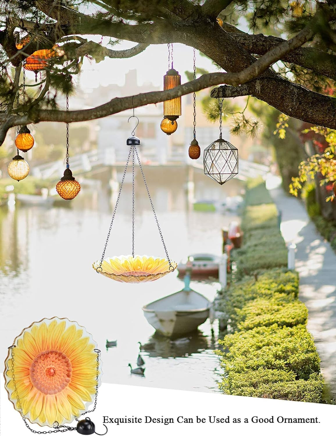 Sunflower 11-Inch Hanging Glass Bird Bath & Feeder for Garden Decoration (Hummingbird)