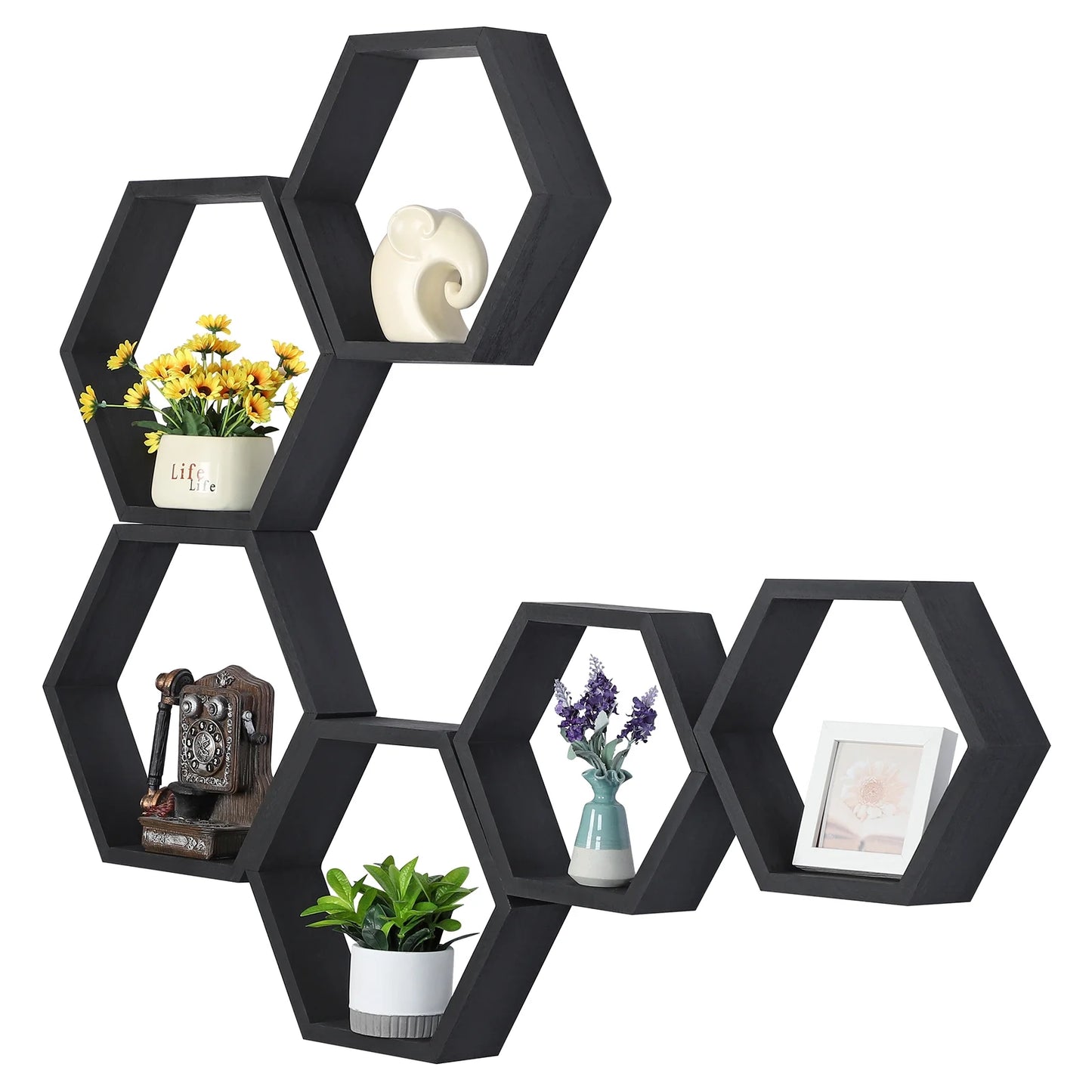 Black Hexagon Floating Shelves, Set of 6