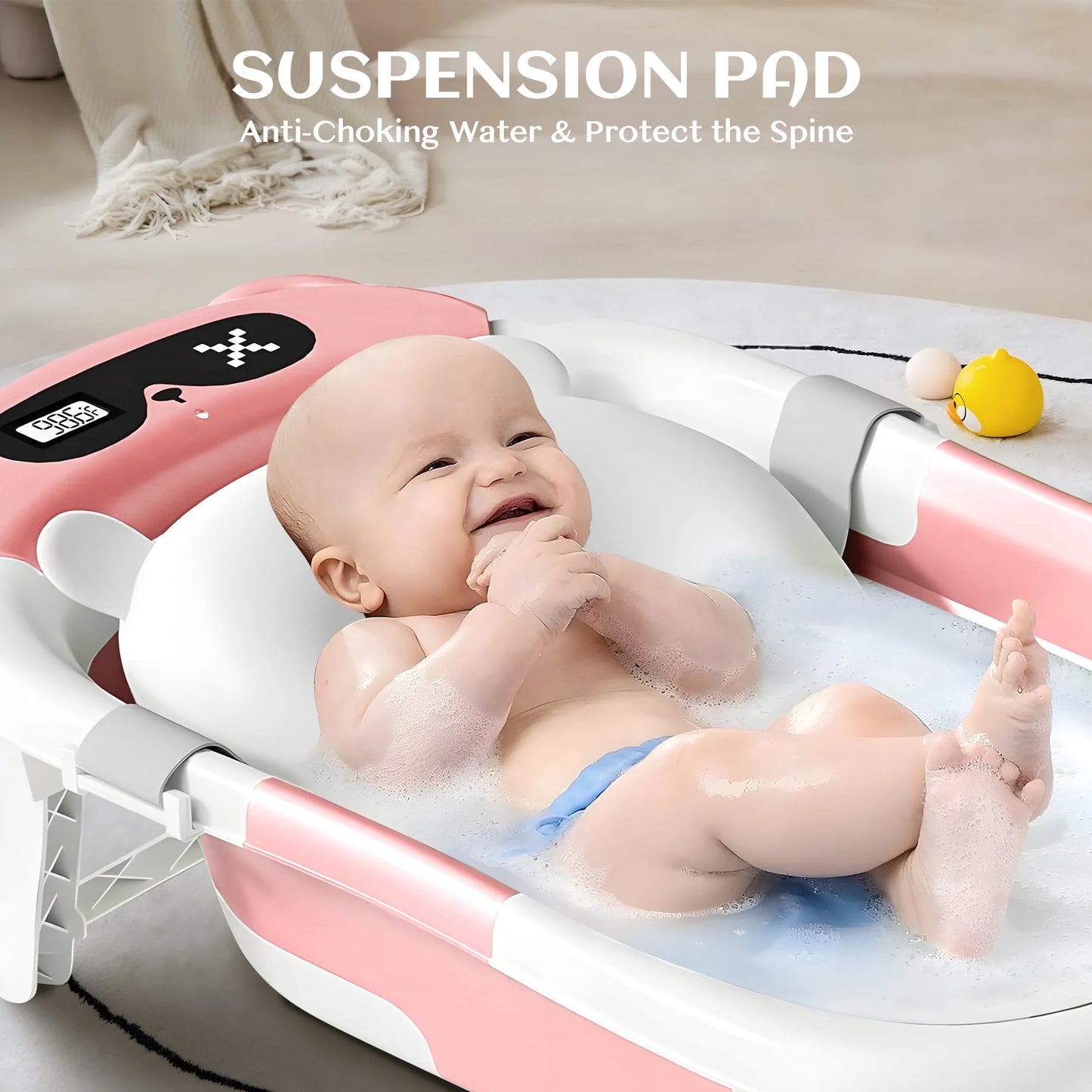 Collapsible Baby Bathtub for Newborn to Toddler 0-36 Months with Thermometer, Hooded Towel, Soft Cushion and Bath Toys, Portable Travel Baby Tub with Drain Hole, Pink