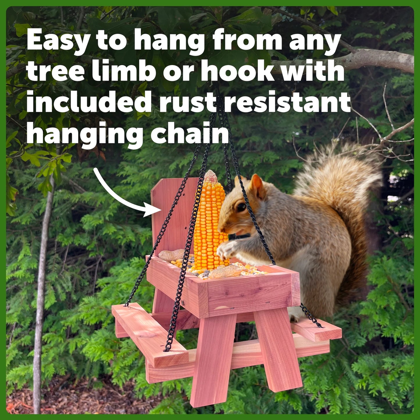 Red Cedar Picnic Table Squirrel Feeder, Holds Corn, Nuts and Seeds, 1 Table, 9"X10"X9"