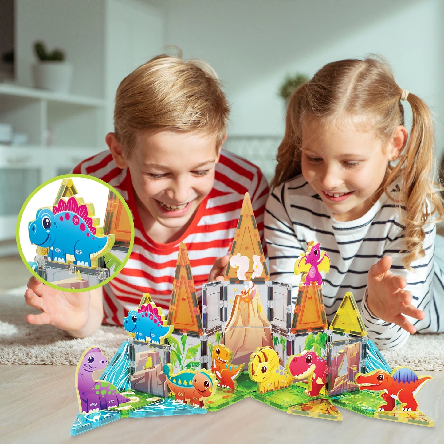PICASSO-TILES Magnetic Tiles for Kids, Dinosaur Animal Theme Construction STEM Building Blocks Educational Toy, 8PCS