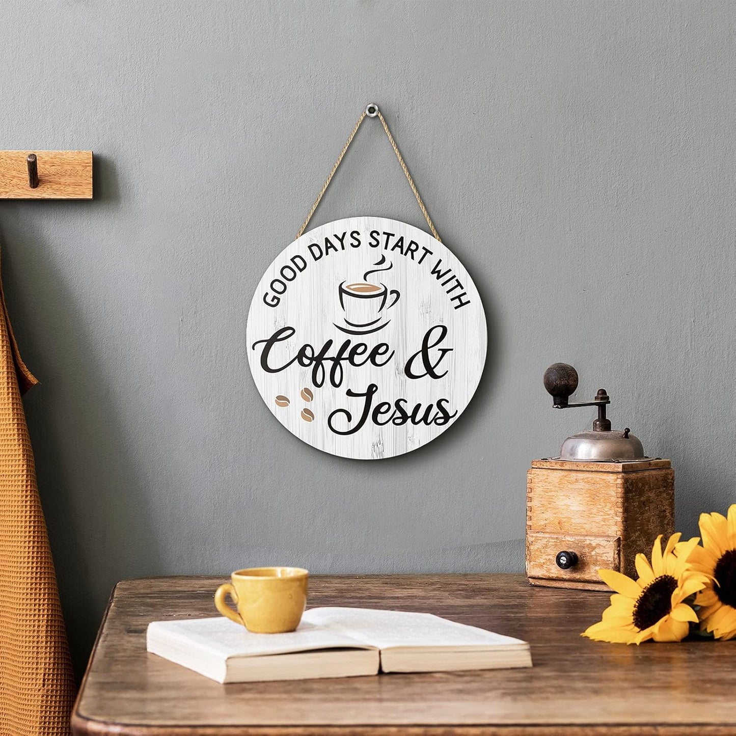 Coffee Bar Decor Cafe Accessories, Coffee and Jesus Signs for Cafe Decor, 12'' X 12'' (White Good Days Start with Jesus)