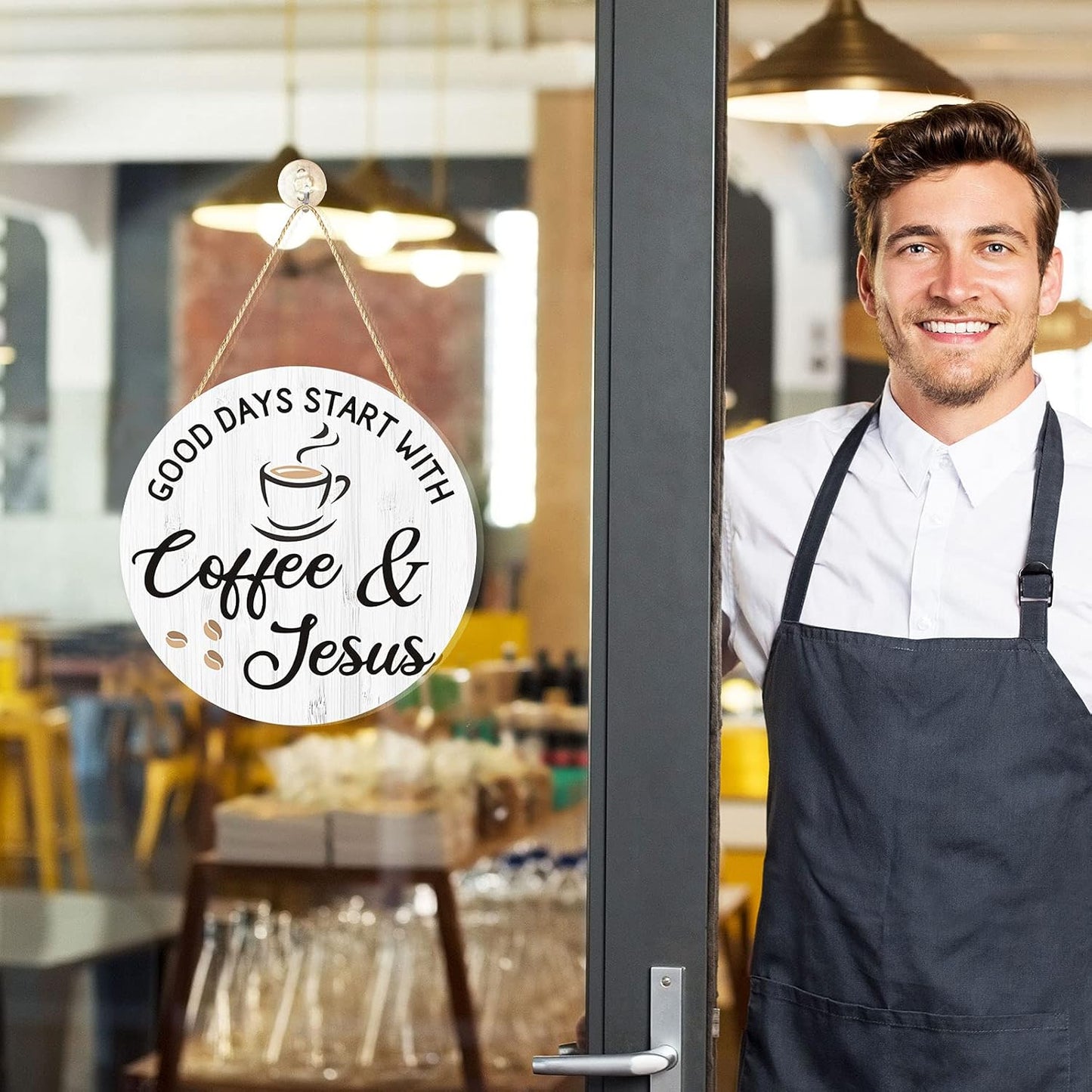 Coffee Bar Decor Cafe Accessories, Coffee and Jesus Signs for Cafe Decor, 12'' X 12'' (White Good Days Start with Jesus)