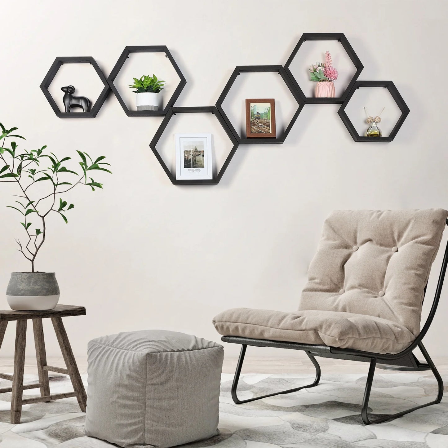 Black Hexagon Floating Shelves, Set of 6
