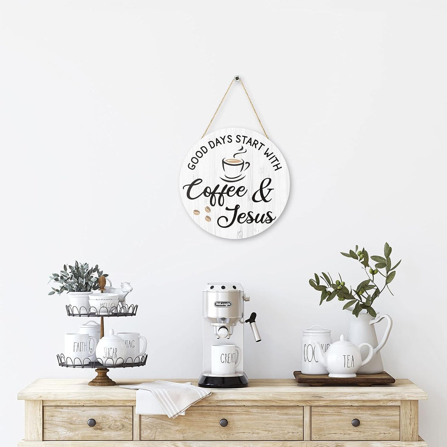 Coffee Bar Decor Cafe Accessories, Coffee and Jesus Signs for Cafe Decor, 12'' X 12'' (White Good Days Start with Jesus)