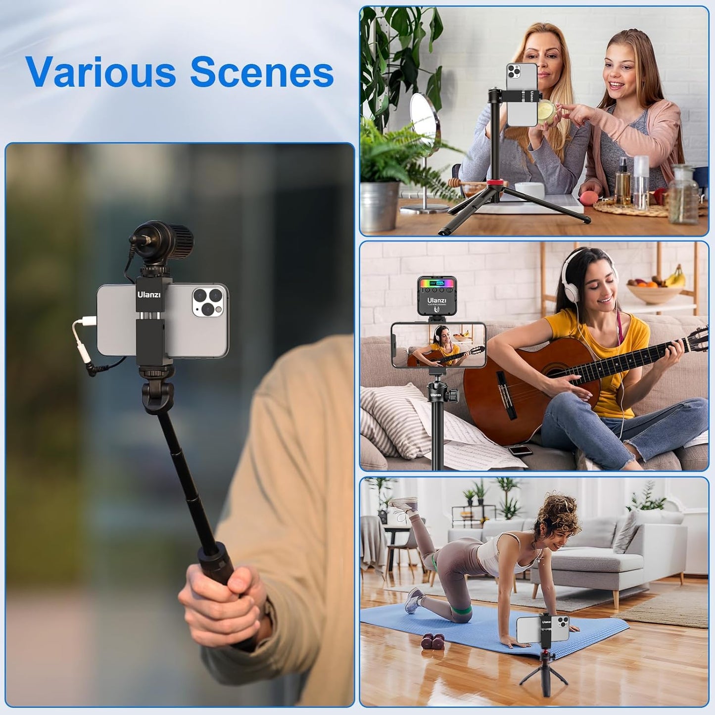 ST-02S Aluminum Phone Tripod Mount W Cold Shoe Mount, Support Vertical and Horizontal, Universal Metal Adjustable Clamp for Iphone 12 11 Pro Xs X Max 8 7 plus Samsung Android Smartphones