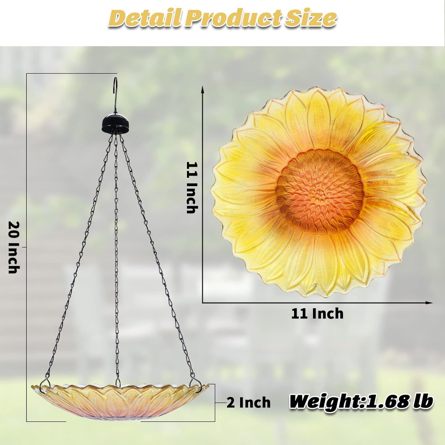 Sunflower 11-Inch Hanging Glass Bird Bath & Feeder for Garden Decoration (Hummingbird)