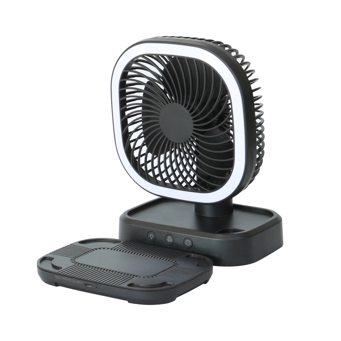 New Rechargeable Personal USB Fan with Wireless Charging Pad and Led Lighting Black