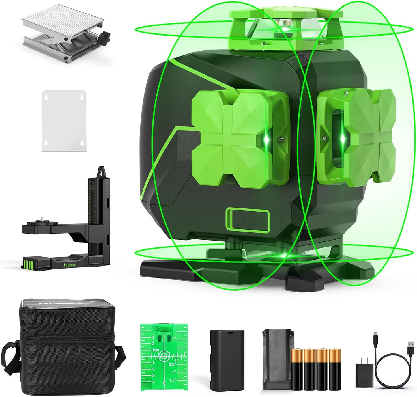Laser Level 4 X 360° 16 Lines Self-Leveling Alignment Laser Tool with Pulse Mode for Construction and Picture Hanging, Magnetic Bracket, Lifting Base, Li-Ion Battery or 4 AA Batteries - S04CG-L