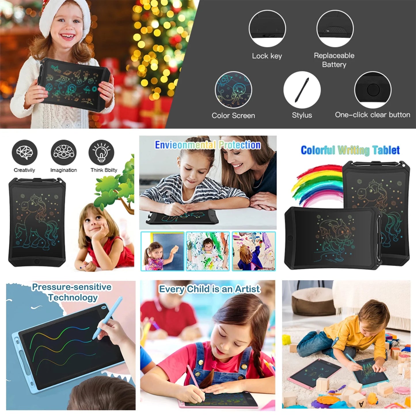 LCD Writing Tablet, 8.5 Inch Reusable Drawing Pad for Kids, Colourful Screen Drawing Tablet Doodle Board W/ Stylus Pen, Toy for 3 4 5 6 7 8 Years Old Kids, Gifts for Kids and Adults, Black