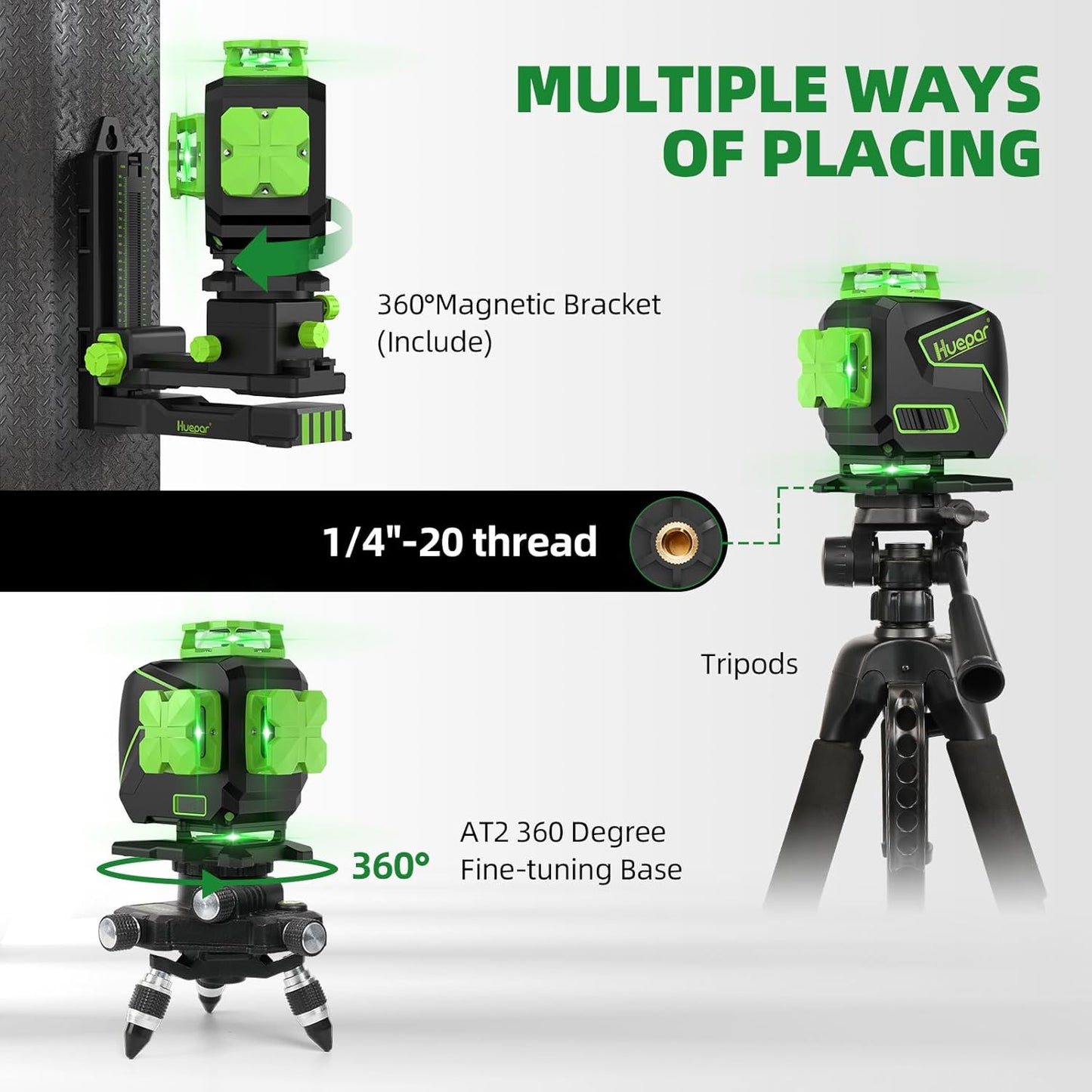 Laser Level 4 X 360° 16 Lines Self-Leveling Alignment Laser Tool with Pulse Mode for Construction and Picture Hanging, Magnetic Bracket, Lifting Base, Li-Ion Battery or 4 AA Batteries - S04CG-L