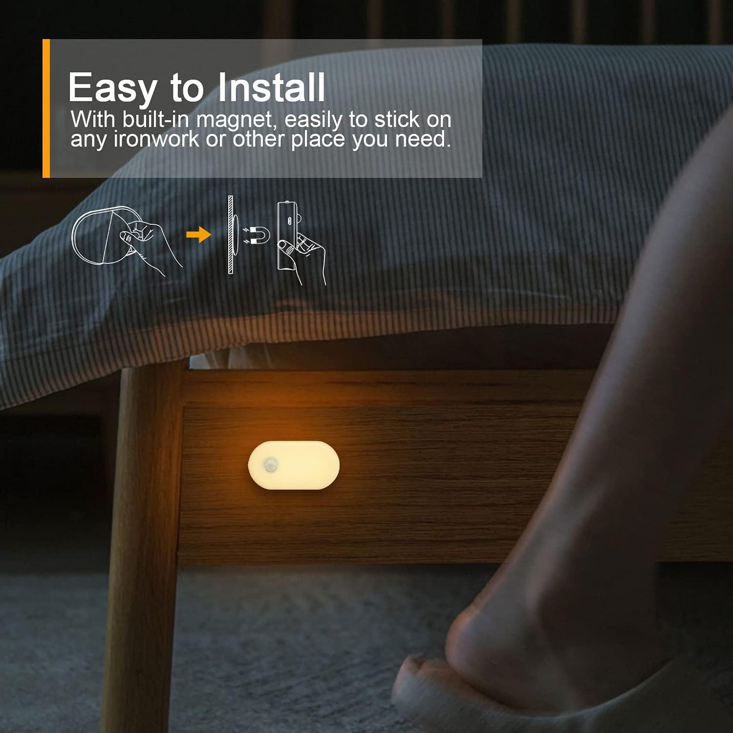 Rechargeable Battery Night Light with Motion Sensor, Portable Mini Warm White LED Stick-On Closet Light, Adjustable Brightness for Bathroom, Bedroom, Kitchen, Cabinet, Stairs, Hallway, 2-Pack