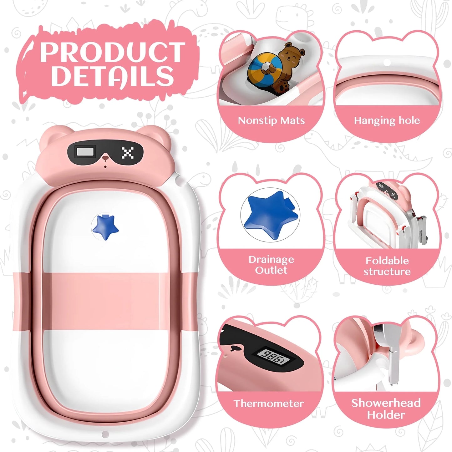 Collapsible Baby Bathtub for Newborn to Toddler 0-36 Months with Thermometer, Hooded Towel, Soft Cushion and Bath Toys, Portable Travel Baby Tub with Drain Hole, Pink