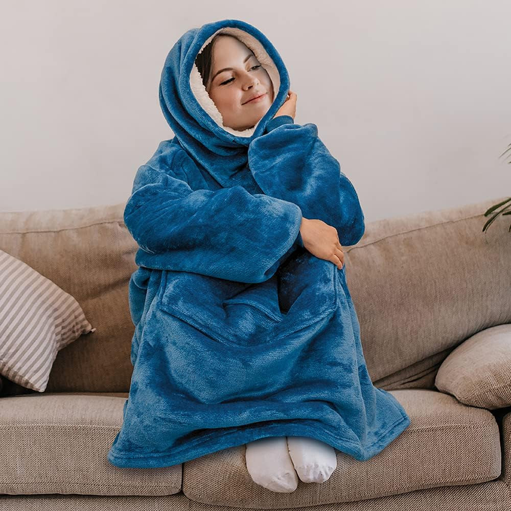Sherpa Wearable Blanket Hoodie Women Men, Oversized Hoodie Sweatshirt Blanket, Thick Sweater Blanket Neck Warmer, Fleece Hood Hug Sleep Pod Adult, Cozy Warm Plush Gift Idea Mom Wife, Teal Blue