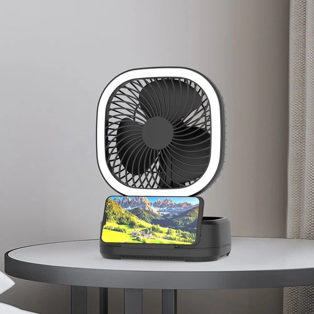 New Rechargeable Personal USB Fan with Wireless Charging Pad and Led Lighting Black