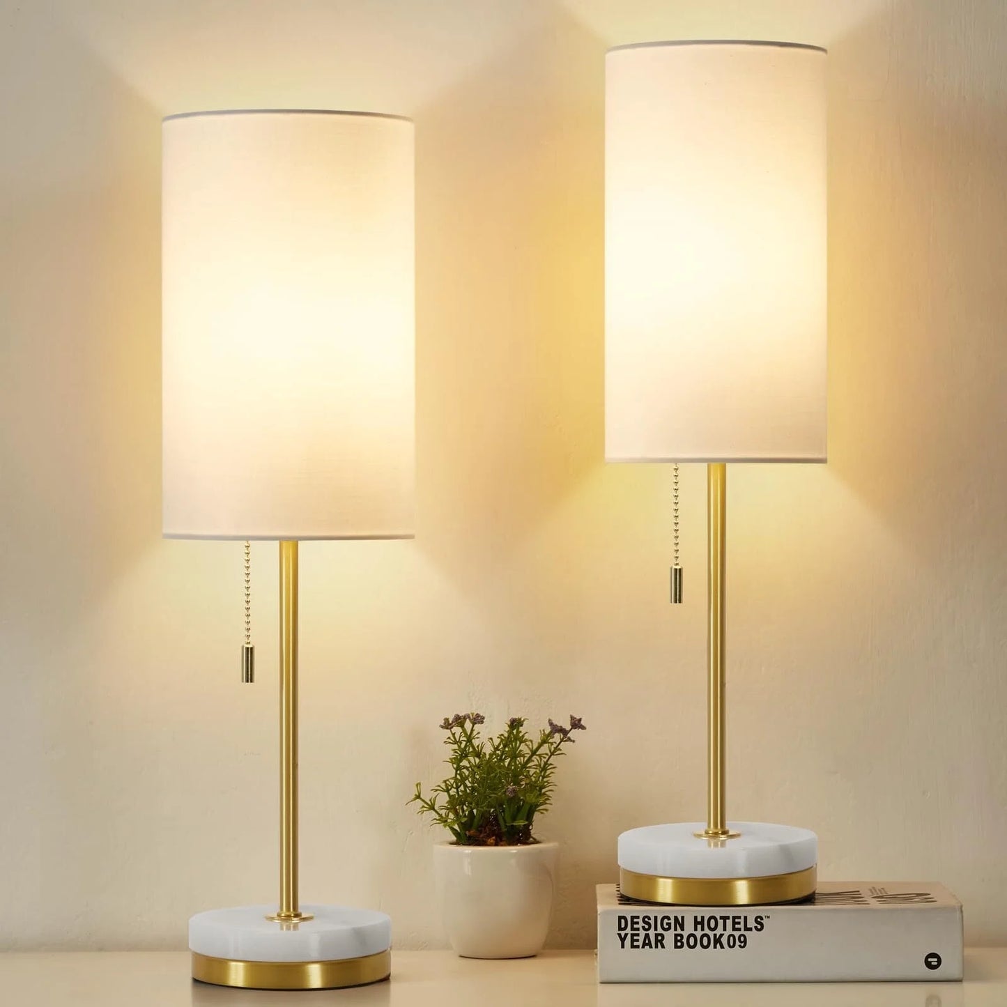 Minimalist Table Lamp Set of 2, Nightstand Lamp for Bedroom Living Room, Modern Pull Chain Bedside Lamp with Marble Base, Fabric Shade, Small Desk Lamp for Home, Office, Reading