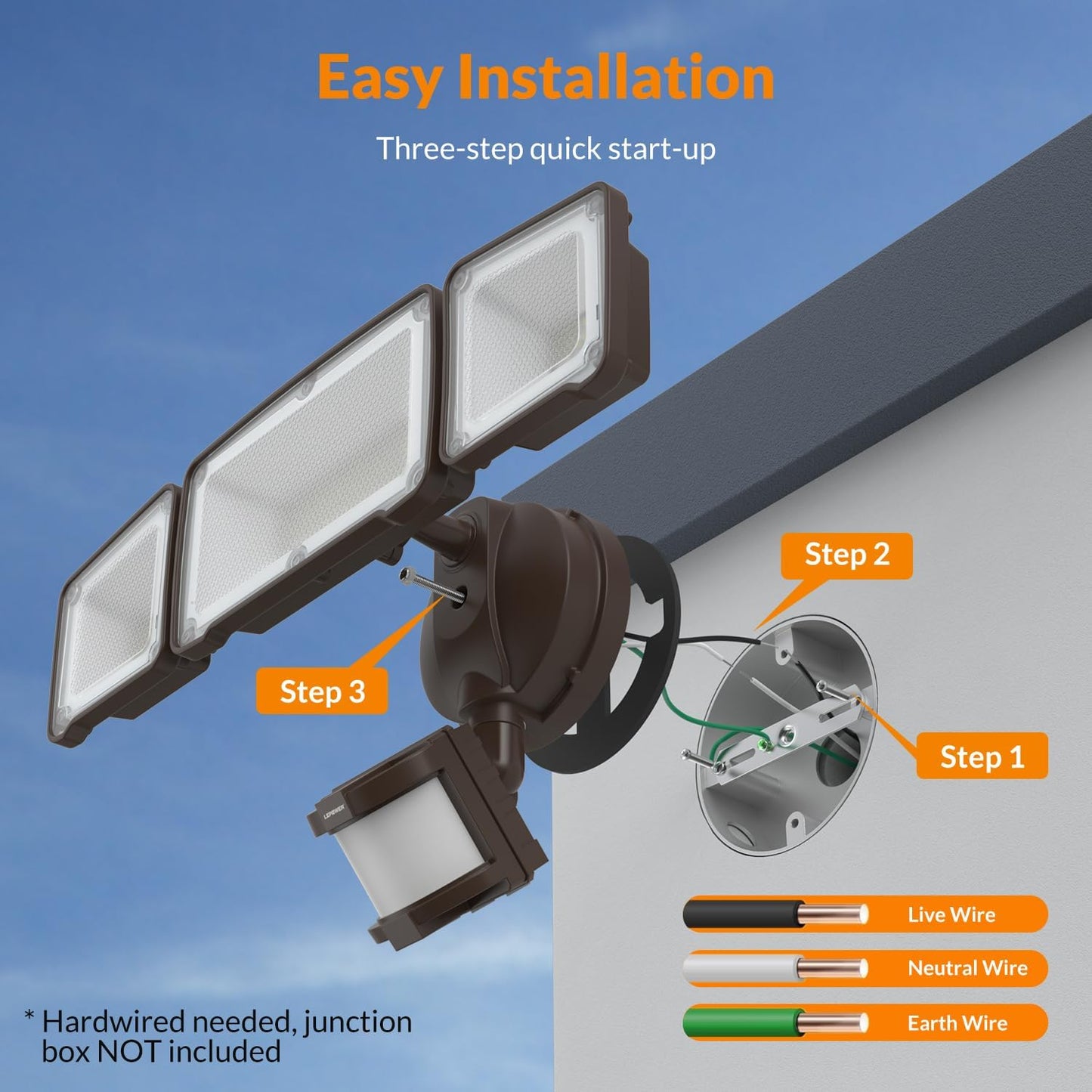 LED Security Light Motion Sensor Light Outdoor, 38W 4200LM Motion Security Light, 5500K, IP65 Waterproof, 3 Head Motion Detected Flood Light for Garage, Yard, Porch (Not Solar Powered, Brown)