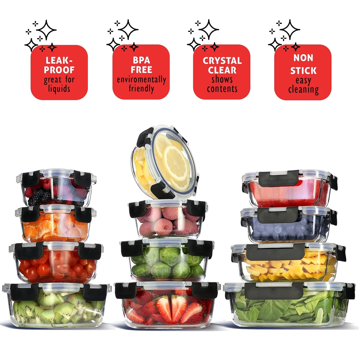 24Pc Glass Food Storage Containers with Lids, Airtight Glass Meal Prep Containers, Oven, Microwave & Freezer Safe Glass Storage Containers