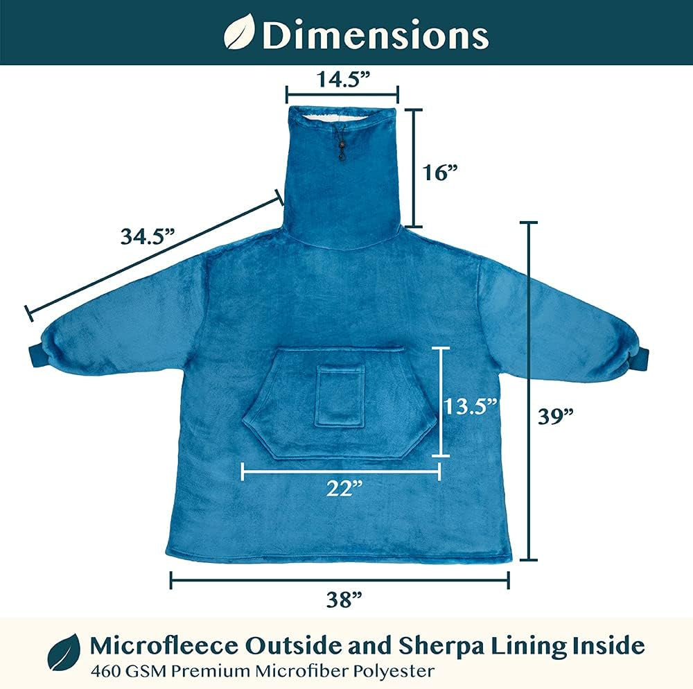Sherpa Wearable Blanket Hoodie Women Men, Oversized Hoodie Sweatshirt Blanket, Thick Sweater Blanket Neck Warmer, Fleece Hood Hug Sleep Pod Adult, Cozy Warm Plush Gift Idea Mom Wife, Teal Blue